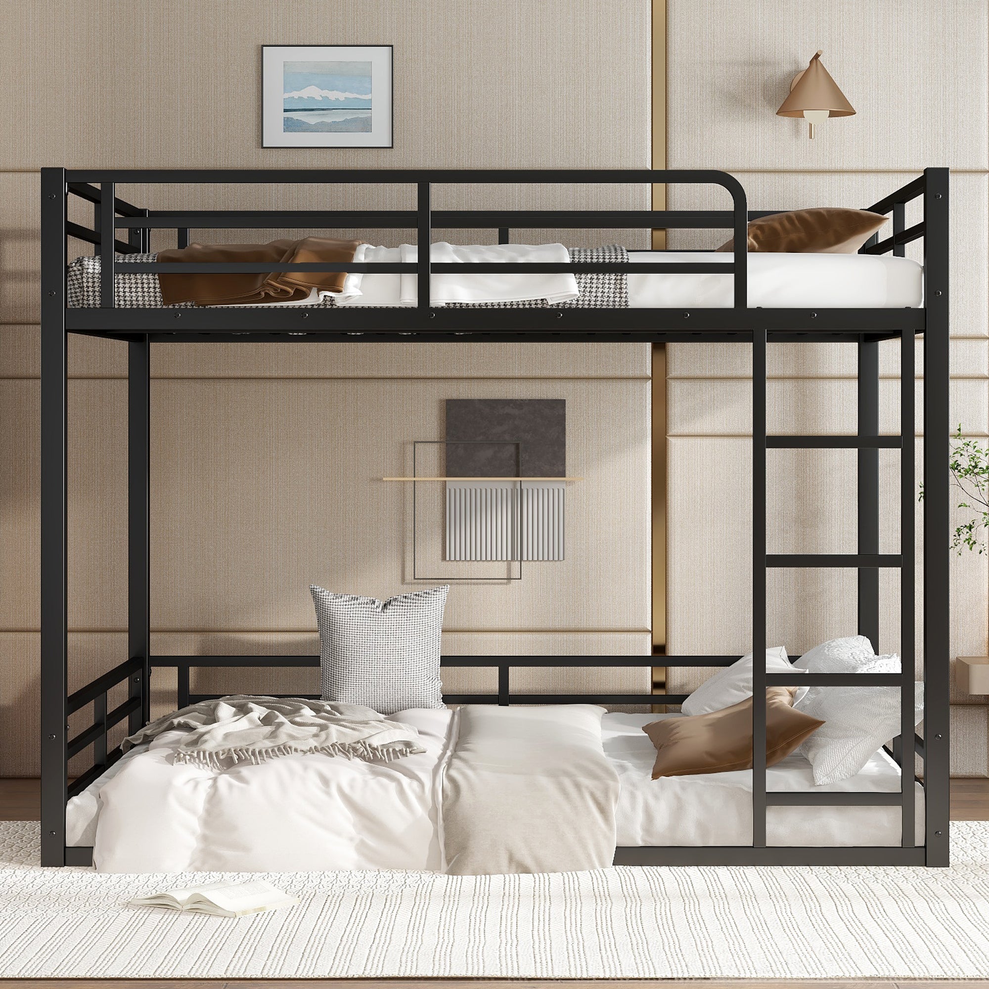 Metal Bunk Bed, Full XL over Full XL Floor Bunk Bed Frame,Heavy-Duty Bunk Bed for Kids, Teens, Adults, Noise-reduced Design, Black