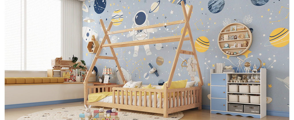Twin House Bed with Light, Low Floor House Bed with Fence and Roof for Kids Boys Girls,Natural(Expect arrive date 2025/7/20)
