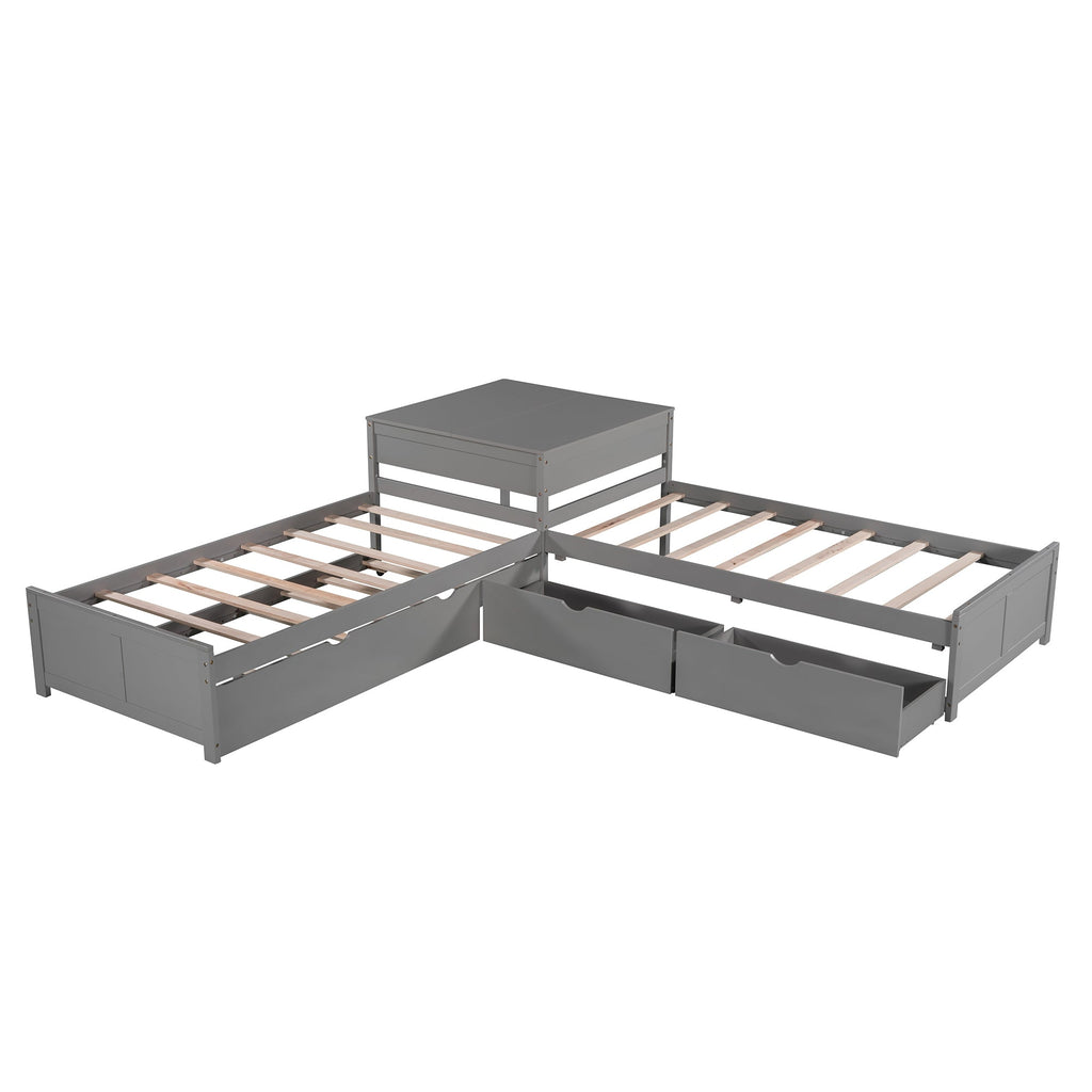 L-shaped Platform Bed with Trundle and Drawers Linked with built-in Desk,Twin,Gray(Old SKU:SM000916AAE-1)