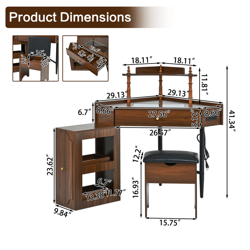 Corner Vanity Desk Set with Storage Cushioned Stool and Charging Station, Triangle Makeup Desk with Removable Pull-Out Side Cabinet, Glass Tabletop Makeup Vanity Desk with Drawer and Shelf, Walnut
