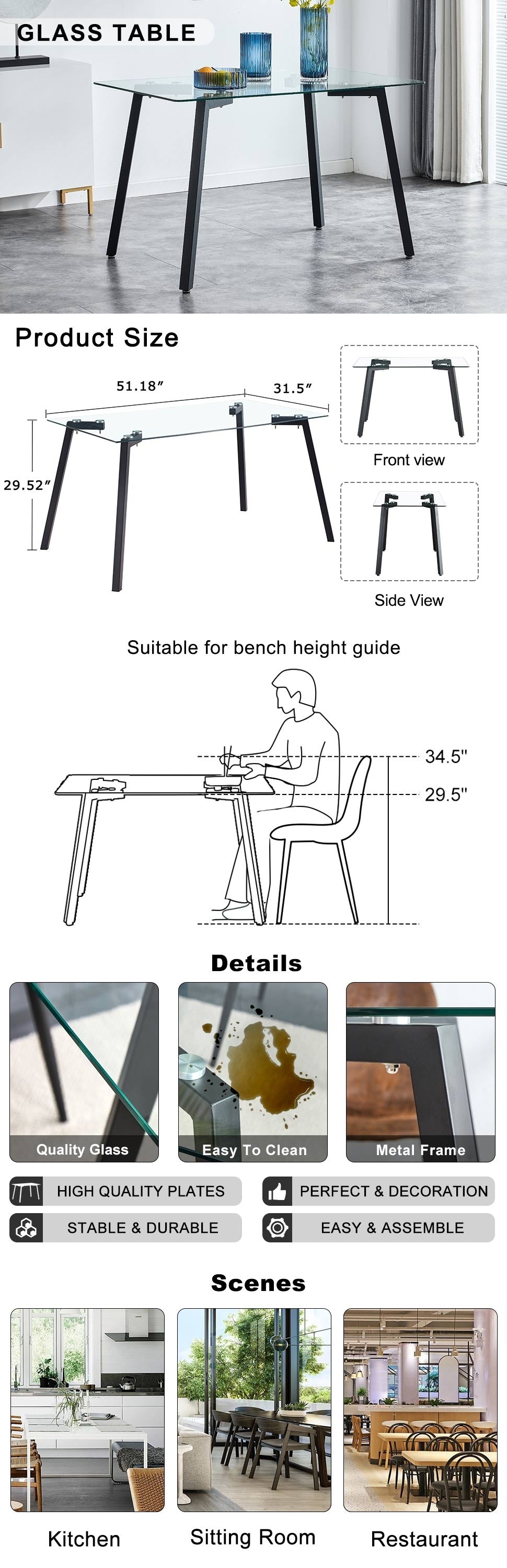 Modern Minimalist Rectangular Glass Dining Table with 0.31' Tempered Glass Tabletop and Black Coating Metal Legs, Writing Table Desk, for Kitchen Dining Living Room, 51' W x 31'D x 30' H.W1151S01839