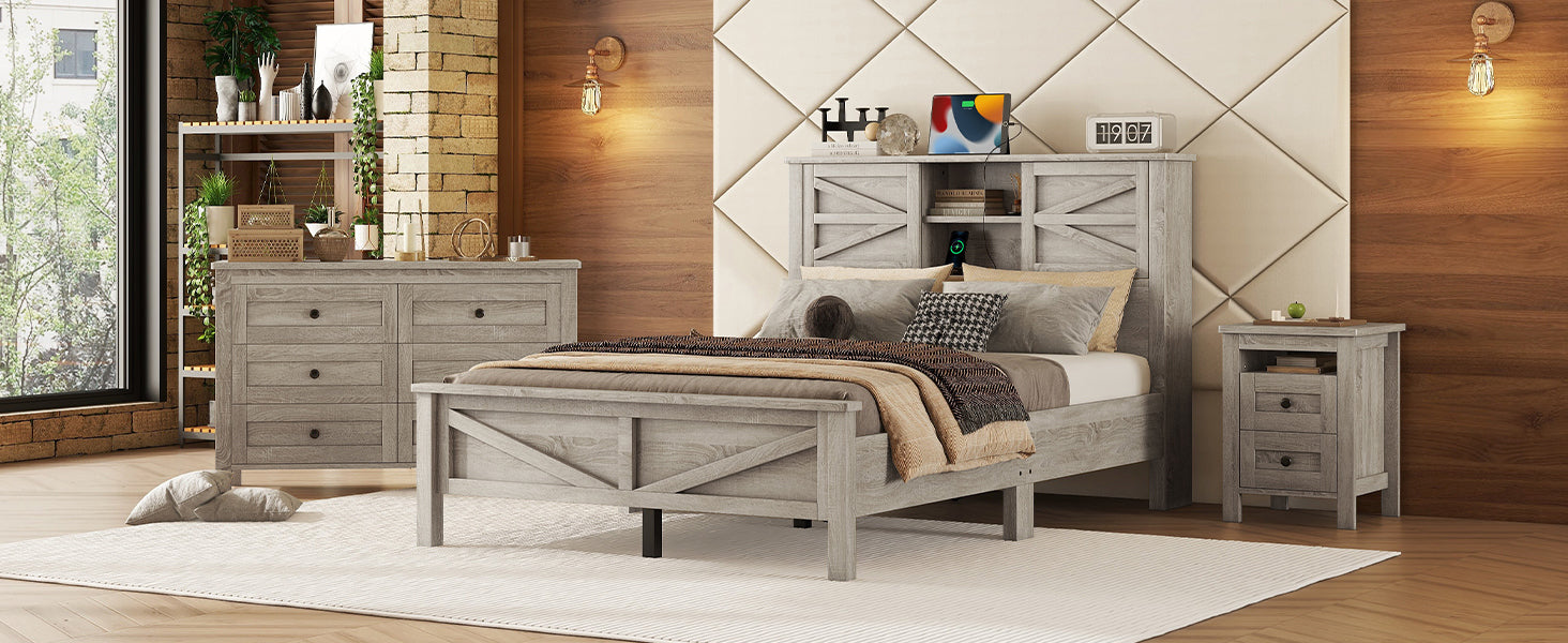3-Pieces Bedroom Sets Full Size Farmhouse Platform Bed with Double Sliding Door Storage Headboard and Charging Station, Storage Nightstand and Dresser, Antique Gray(Old SKU HL000091AAG)