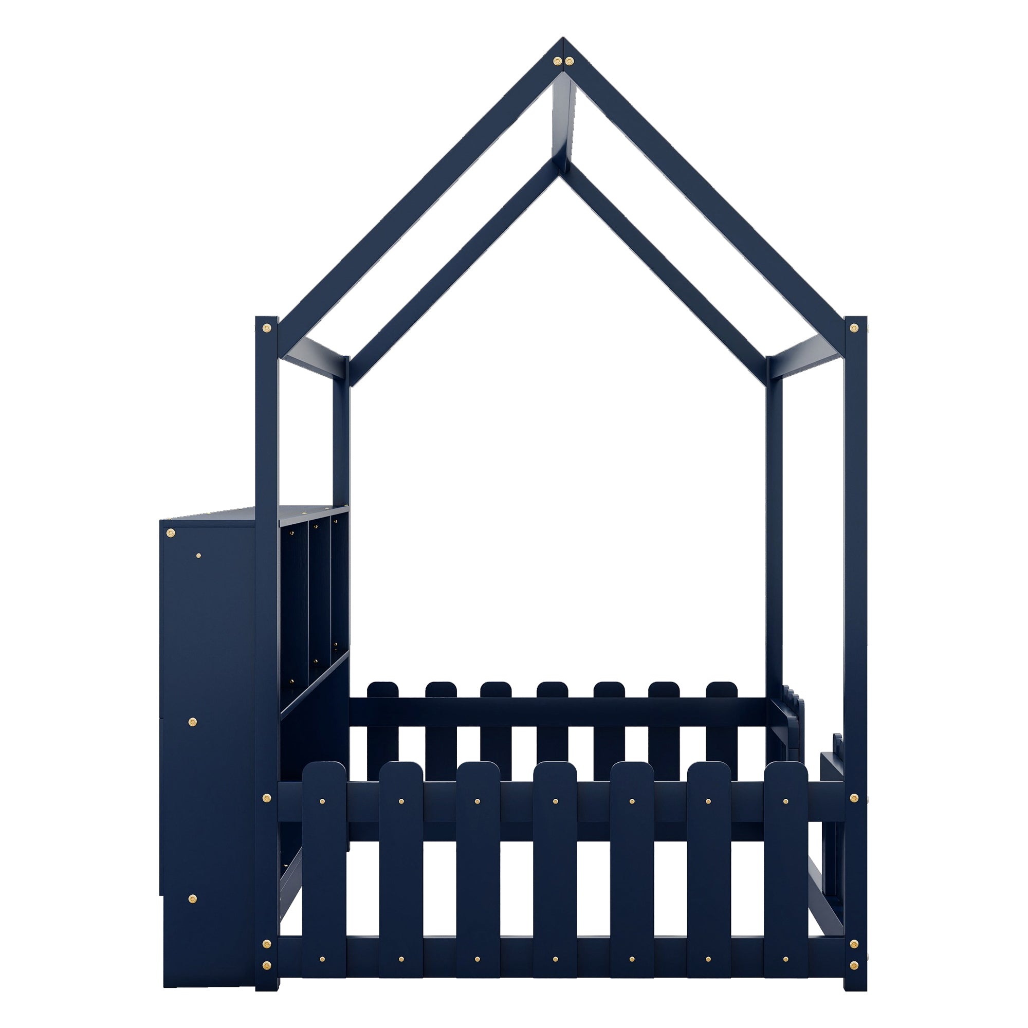 Twin Size House Bed with LED Light, Wood House Bed with Storage Bookshelf, Floor House Bed with Guardrails for Kids, Navy Blue (Expect Arrival Date 2025/3/14)