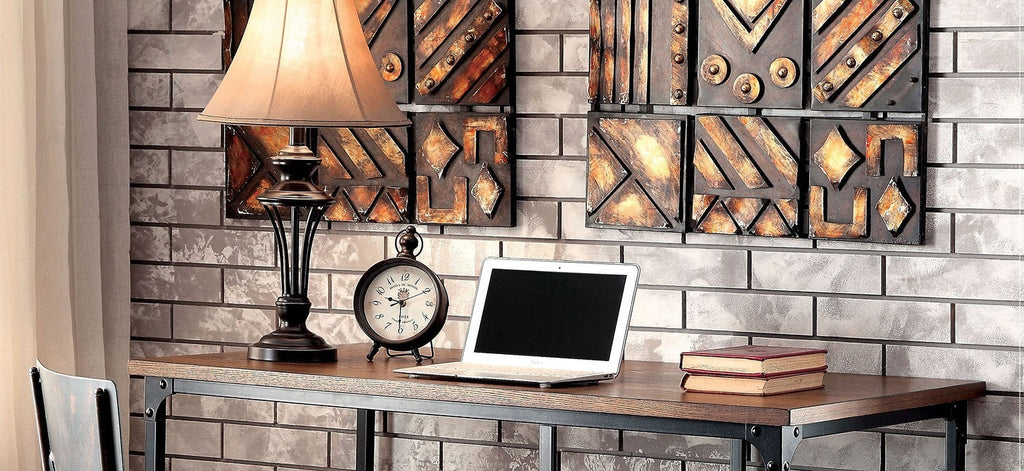 Industrial Inspired Desk With An Antique Black Metal Construction Replicated Wood Top And Caster Wheel Accents