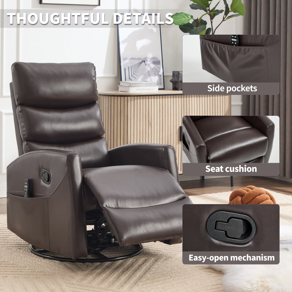 Heat Massage Manual Recliner Chair with Rocker and Swivel in Fabric for Living Room, Brown