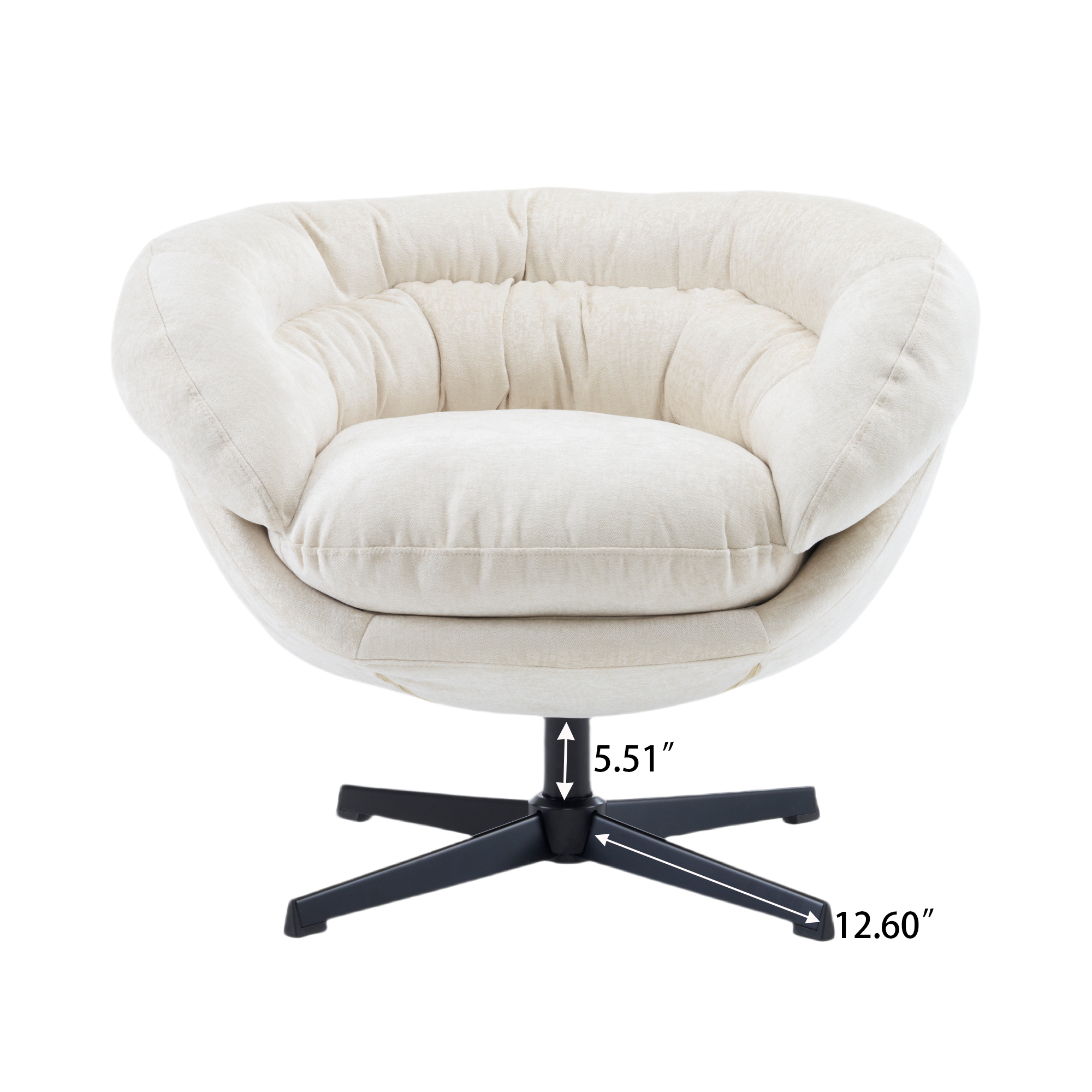 Modern Chenille Office Chair, 360° Swivel Club Chair/Accent Chair with Removable Cushion, Round Office Chair, Black Metal Base, Cotton Material, Living Room, Bedroom, Reading Corner, Office (Beige)