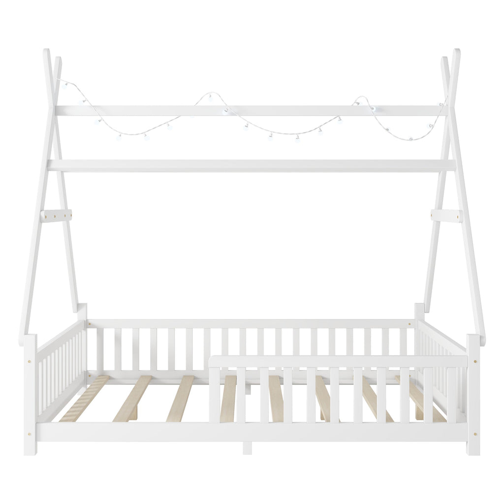 Full House Bed with Light, Low Floor House Bed with Fence and Roof for Kids Boys Girls,White(Expect arrive date 2025/7/20)