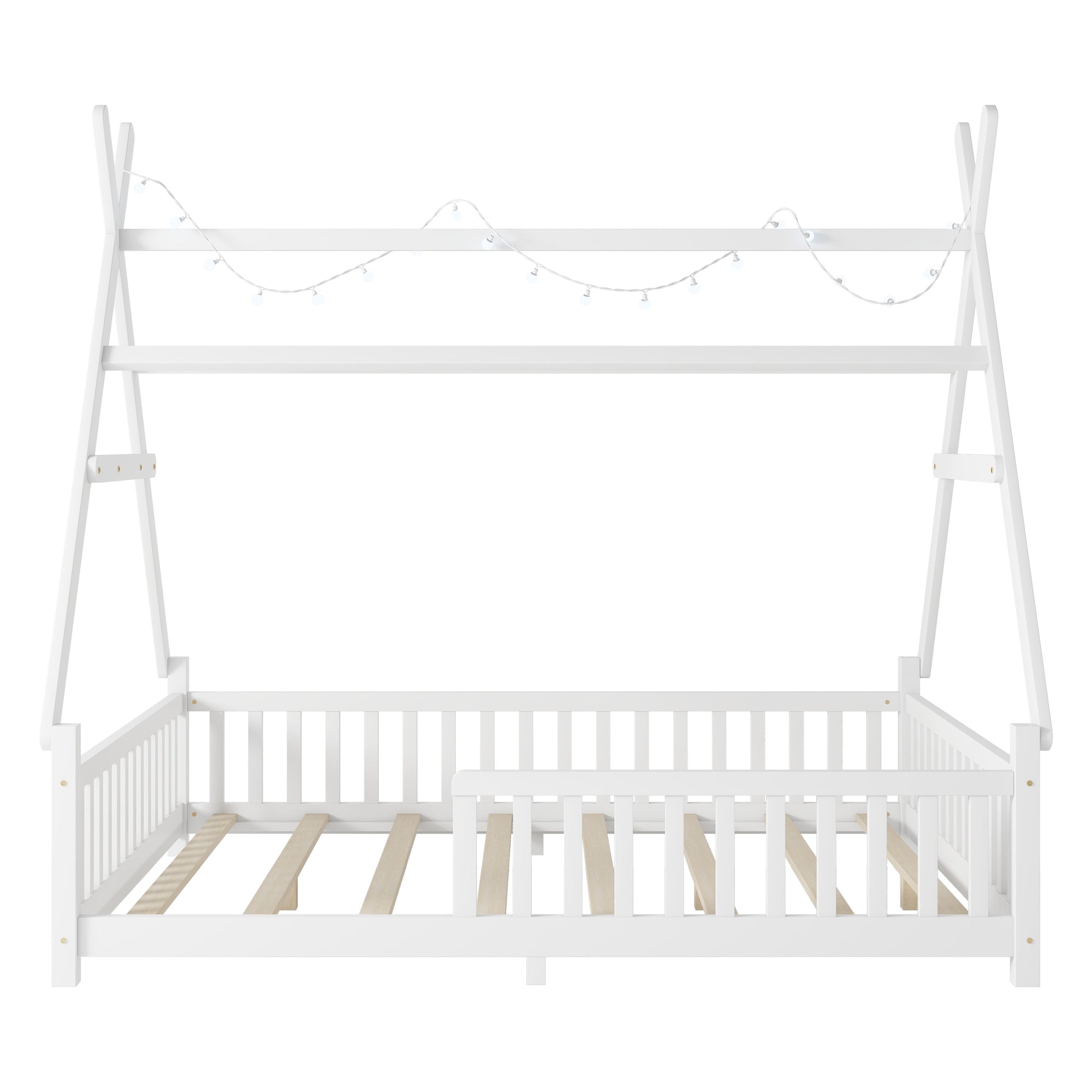 Full House Bed with Light, Low Floor House Bed with Fence and Roof for Kids Boys Girls,White(Expect arrive date 2025/7/20)
