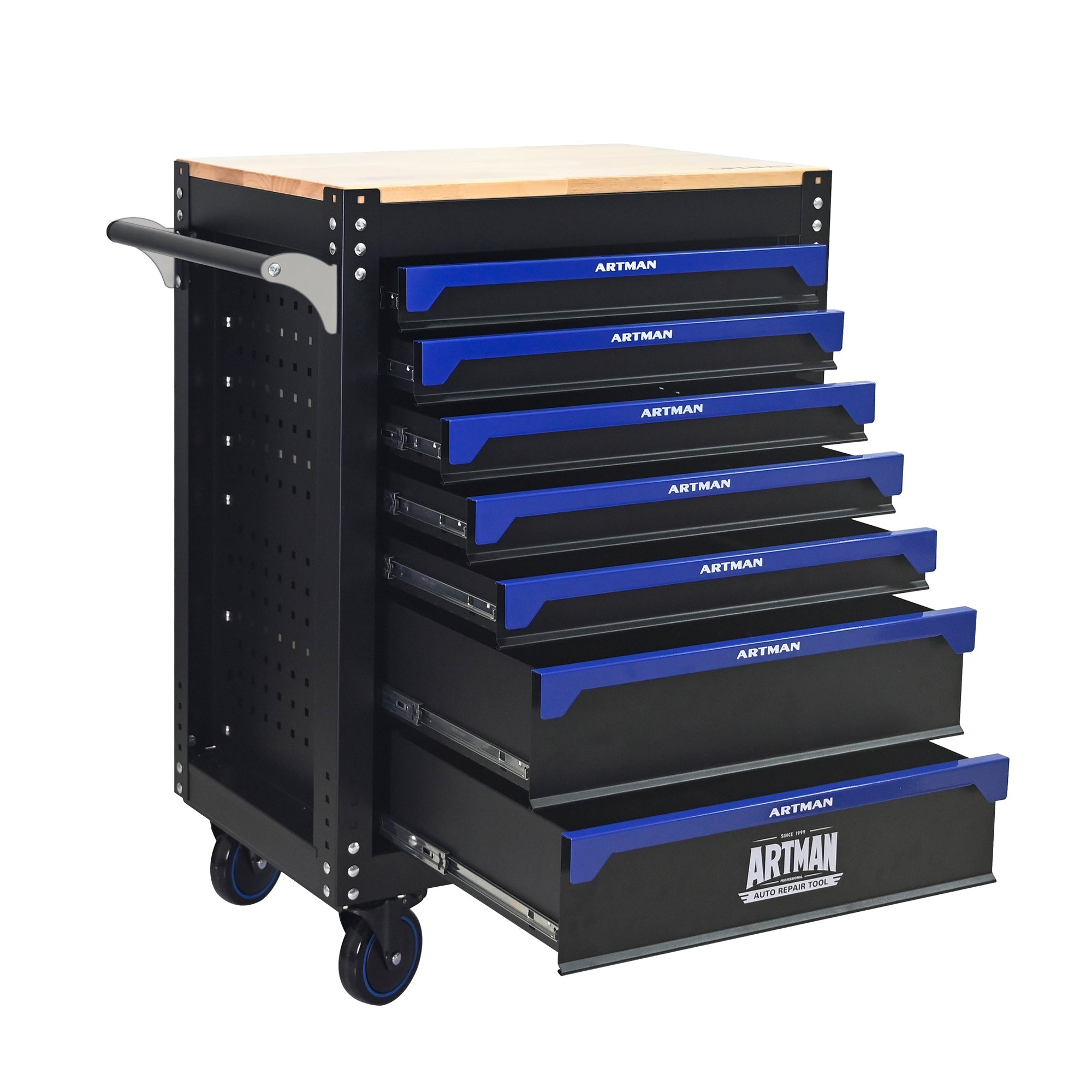 30-inch 7-drawer Wood-top Practical Rolling Steel Tool Cart, With Handle and Wheels, Storage Cabinet for Garages, Warehouses, Repair Shops, Requires Assembly of the the Tool Cart - Black & Blue
