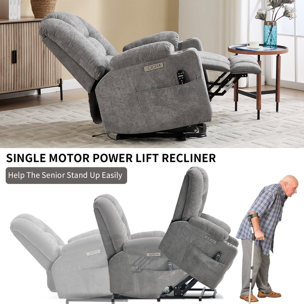 Power Lift Recliner Chair with Massage and Heat for Elderly, Overstuffed Wide Recliners, Heavy Duty Motion Mechanism with USB and Type C Ports, 2 Steel Cup Holders, Light Grey
