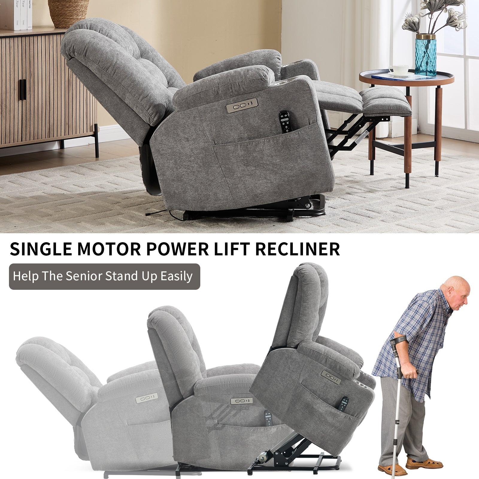Power Lift Recliner Chair with Massage and Heat for Elderly, Overstuffed Wide Recliners, Heavy Duty Motion Mechanism with USB and Type C Ports, 2 Steel Cup Holders, Light Grey