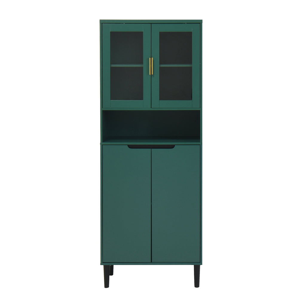Tall Storage Bookcase with 2 Glass Display Door & 2 Doors, Tall Kitchen Pantry Cabinet with Gold Handles, Modern Cabinet Freestanding Living Room Green
