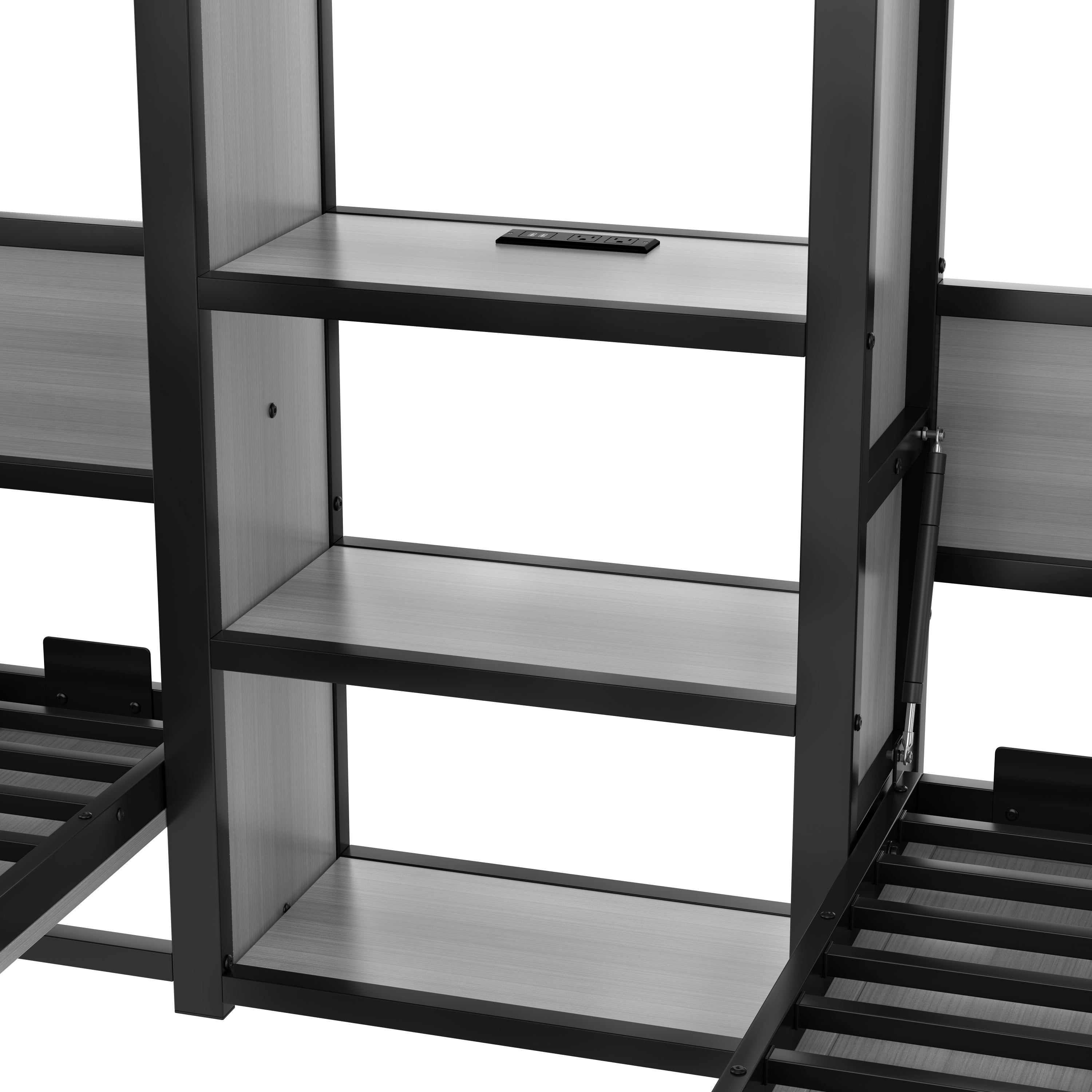 Twin and Twin Murphy Bed, Metal Foldable Murphy Bed with Wardrobe, Shelves and Power Outlets, 2 in 1 Design, Space-saving, Gray