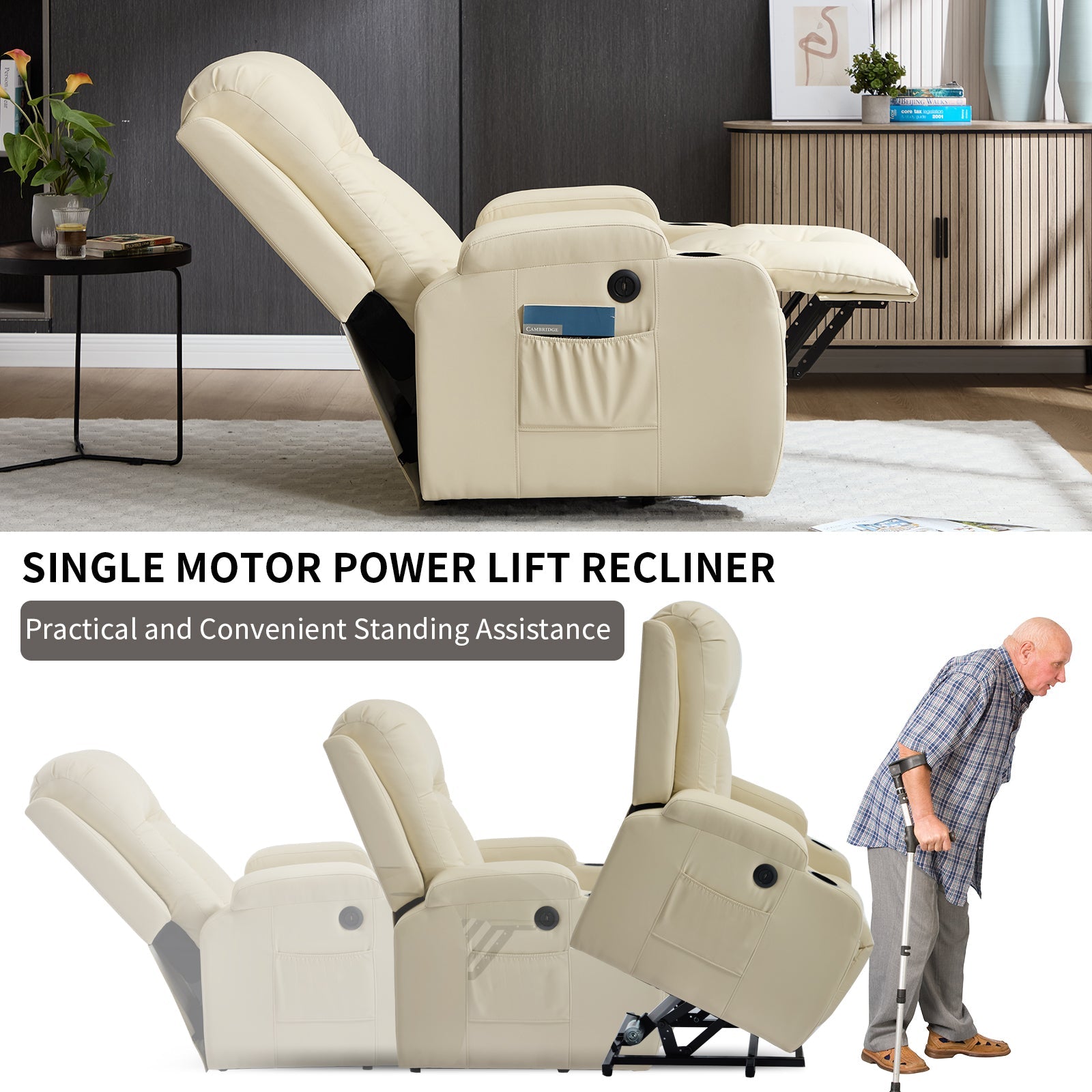 Beige PU Infinite Position Up to 350 LBS Power Lift Recliner Chair for Elderly, Heavy Duty Motion Mechanism with 8-Point Vibration Massage and Lumbar Heating, USB Charging Port, Cup Holders