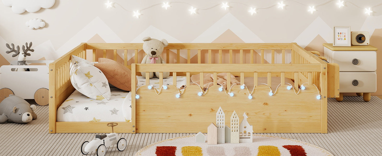 Full Montessori Floor Bed Frame with High Rails, Wood Kids Floor Beds with Light and Storage Shelf, Natural (Expect Arrival Date 2025/8/15)