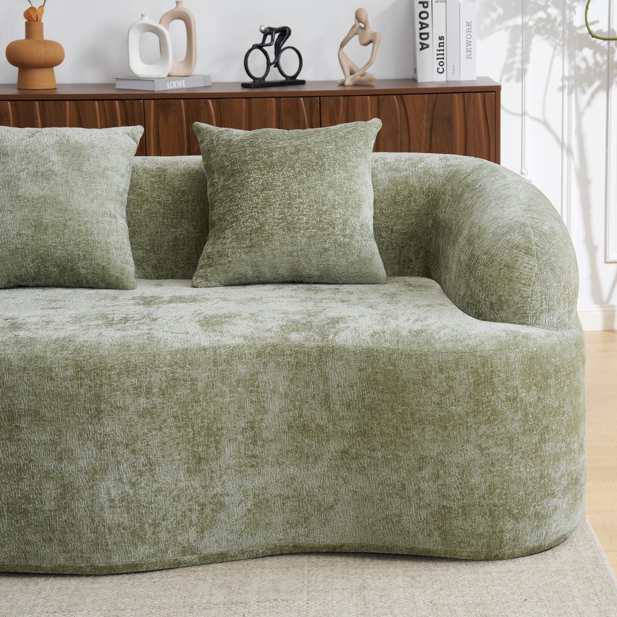 Full Compression L-Shape Sectional Sofa with Curved Chaise, Green Modular Chenille Couch, High-Density for Apartment Living Room