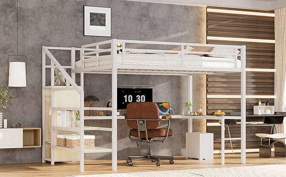 Queen Size Loft Bed with L-shaped Desk and USB, Metal Loft Bed with Wardrobe and Adjustable Shelf, High Loft Bed with LED for Kids Teens Adults, White Wood-grain