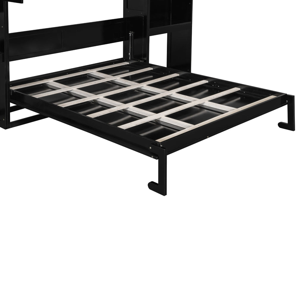 Queen Size Murphy Bed with Desk, Vanity and Cabinets, Espresso(OLD SKU: N820S00057P)