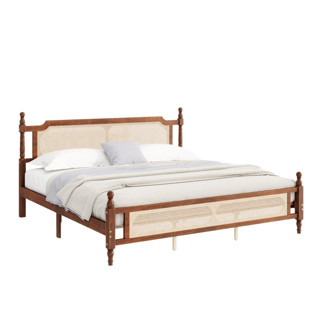 King Pine wooden Bed with Rattan Headboard  and Footboard, with  Central Enhanced Bed Platform,Walnut