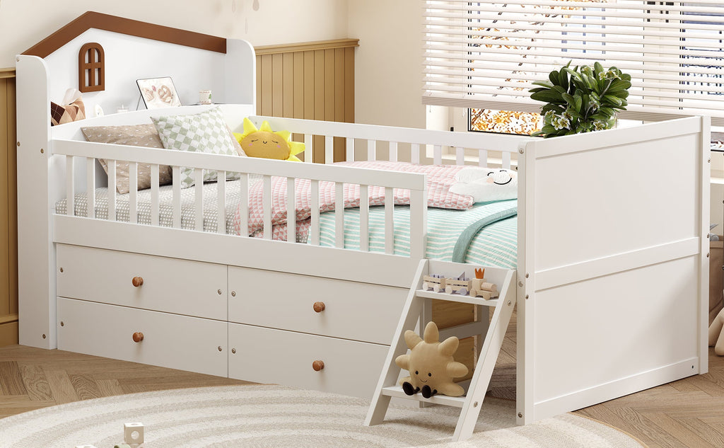 Twin Bed Frame with Storage 4 Drawers,Wooden Bed Frame for Kids,Platform Twin Size Bed with Guardrail Headboard and Ladder, No Box Spring Needed, Easy Assembly, White