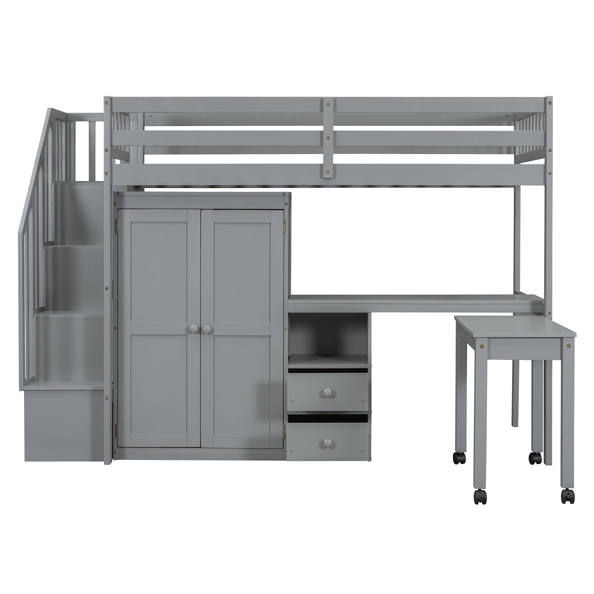 Twin Size Loft Bed with Stairs, Bookshelf, Drawers, Desk & Wardrobe – Space-Saving Multifunctional Furniture for Kids & Teens-Gray