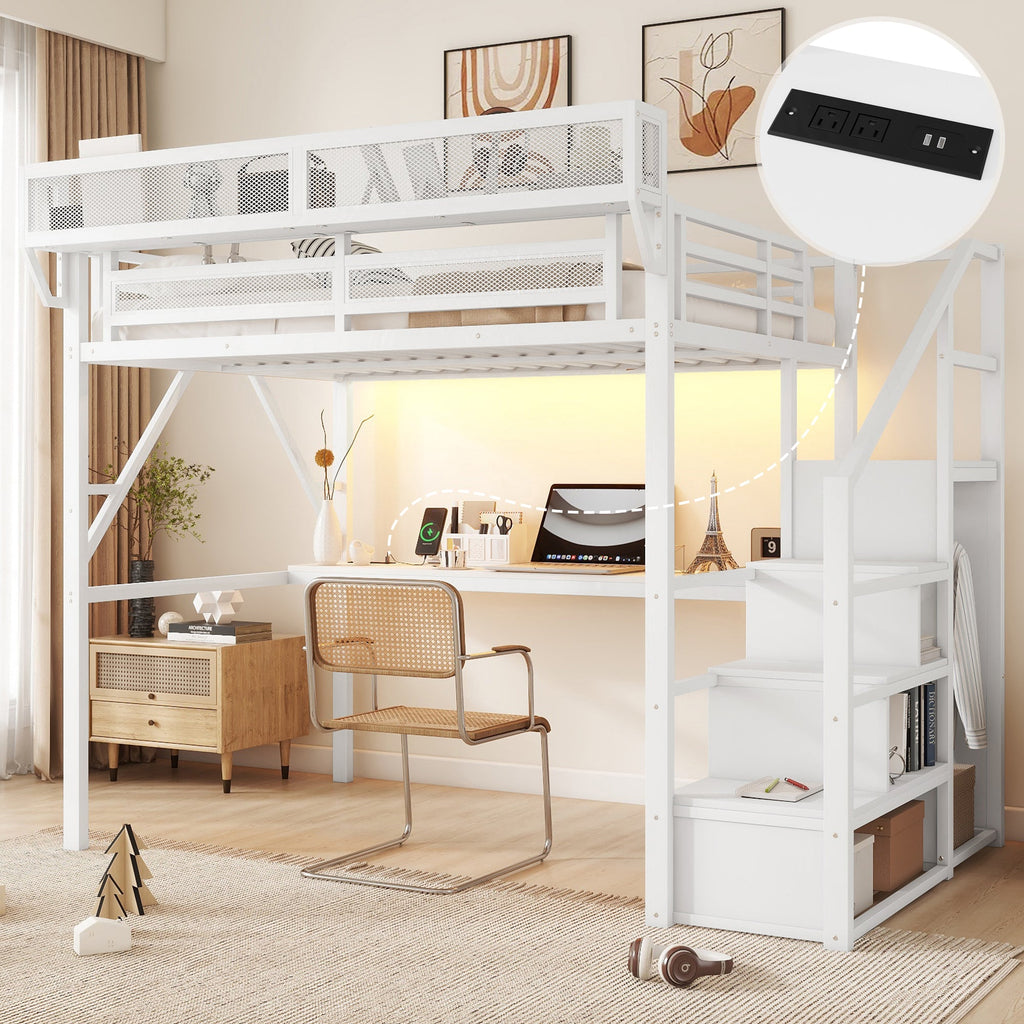 Full Loft Bed with Desk and Charging Station, Full Size Metal Loft Bed with Stairs and Light for Kids Teens,White OLD  SKU W2580S00046