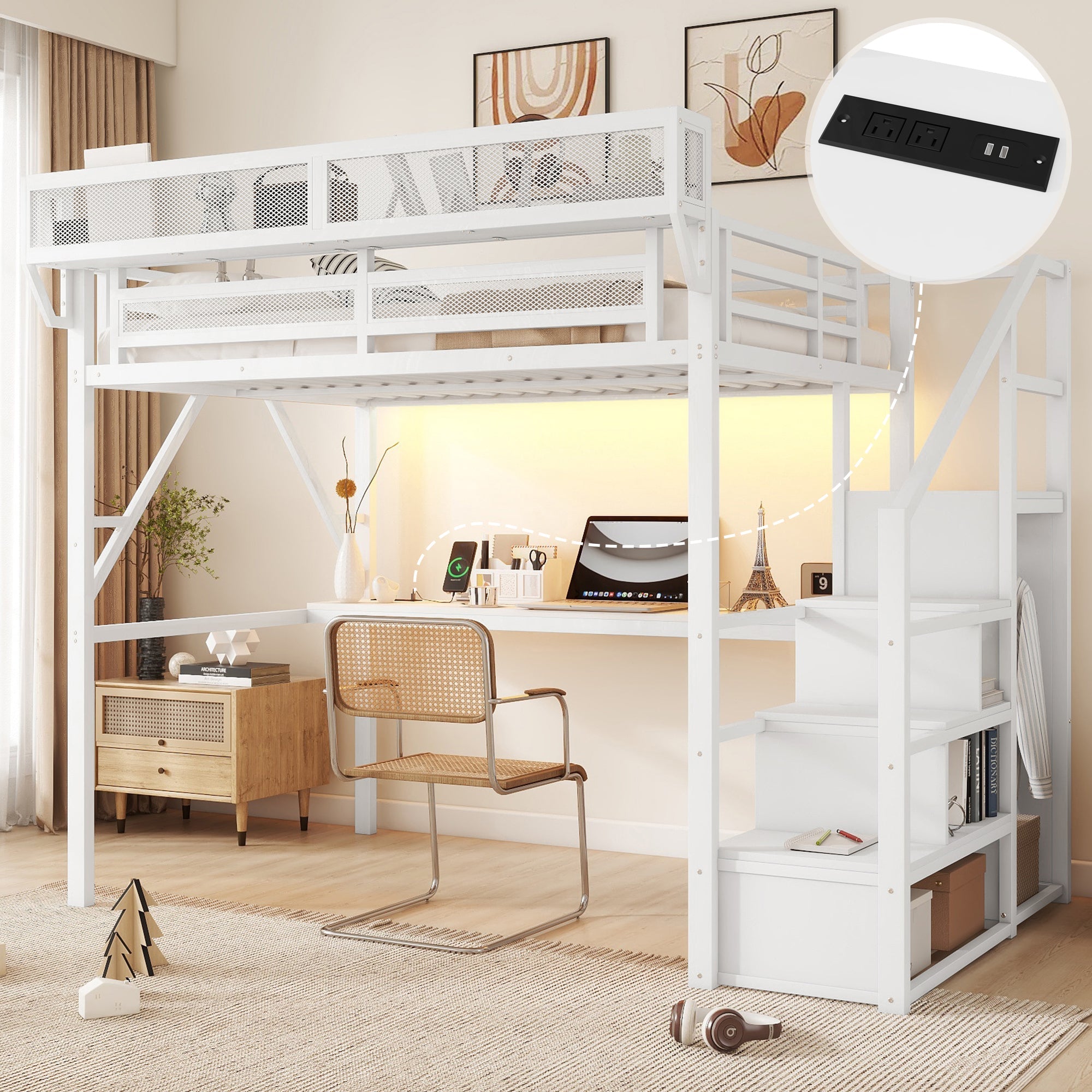 Full Loft Bed with Desk and Charging Station, Full Size Metal Loft Bed with Stairs and Light for Kids Teens,White OLD  SKU W2580S00046