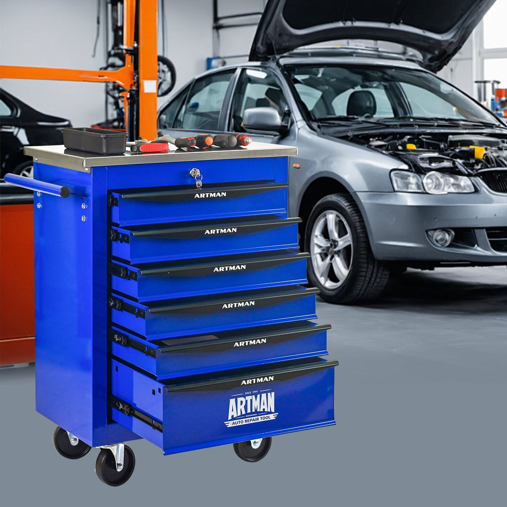 6 Drawers Multifunctional Tool Cart with Wheels,Metal Rolling Tool Cart Storage for Garage Workshop Warehouse Repair Shop--With Stainless Steel Roof- BLACK&BLUE