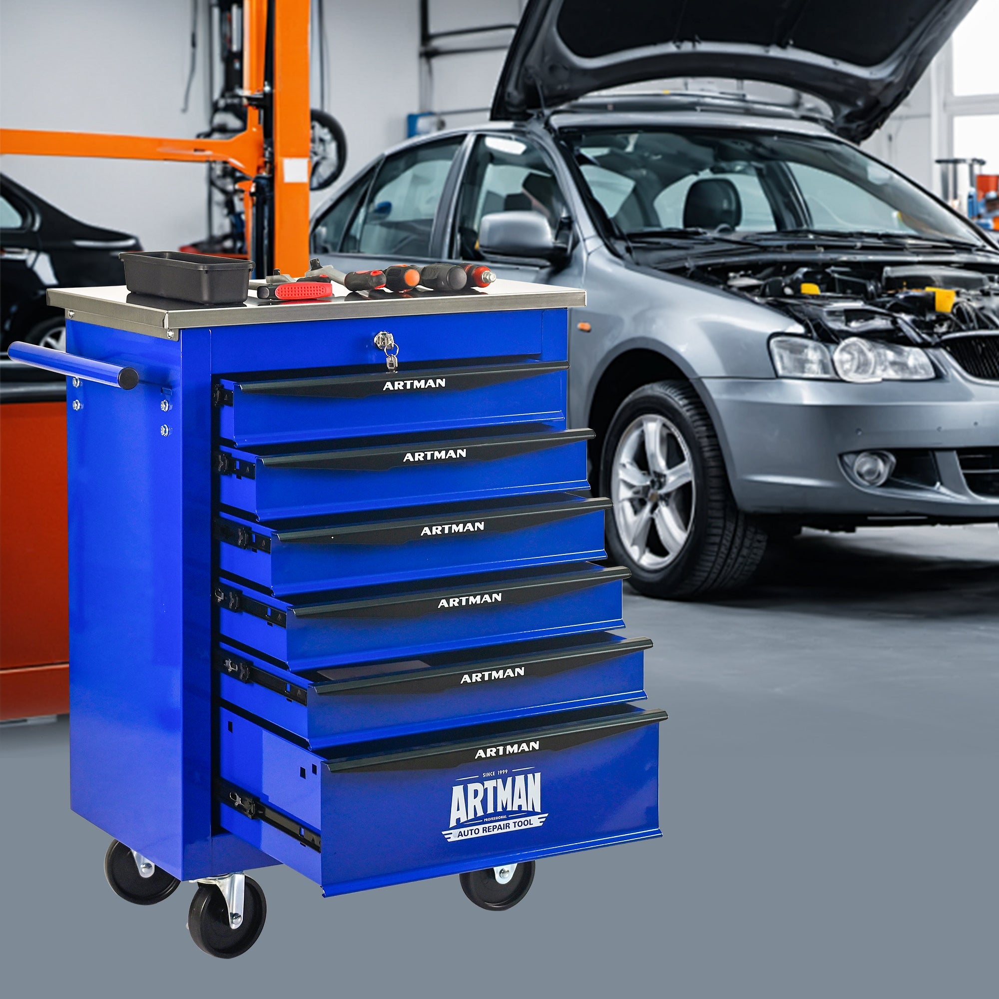 6 Drawers Multifunctional Tool Cart with Wheels,Metal Rolling Tool Cart Storage for Garage Workshop Warehouse Repair Shop--With Stainless Steel Roof- BLACK&BLUE