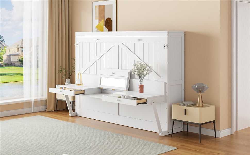 Queen Size Wall Murphy Bed with Storage, Foldable Cabinet Bed with Vanity Desk, Center Mirror & 2 Side Drawers, White