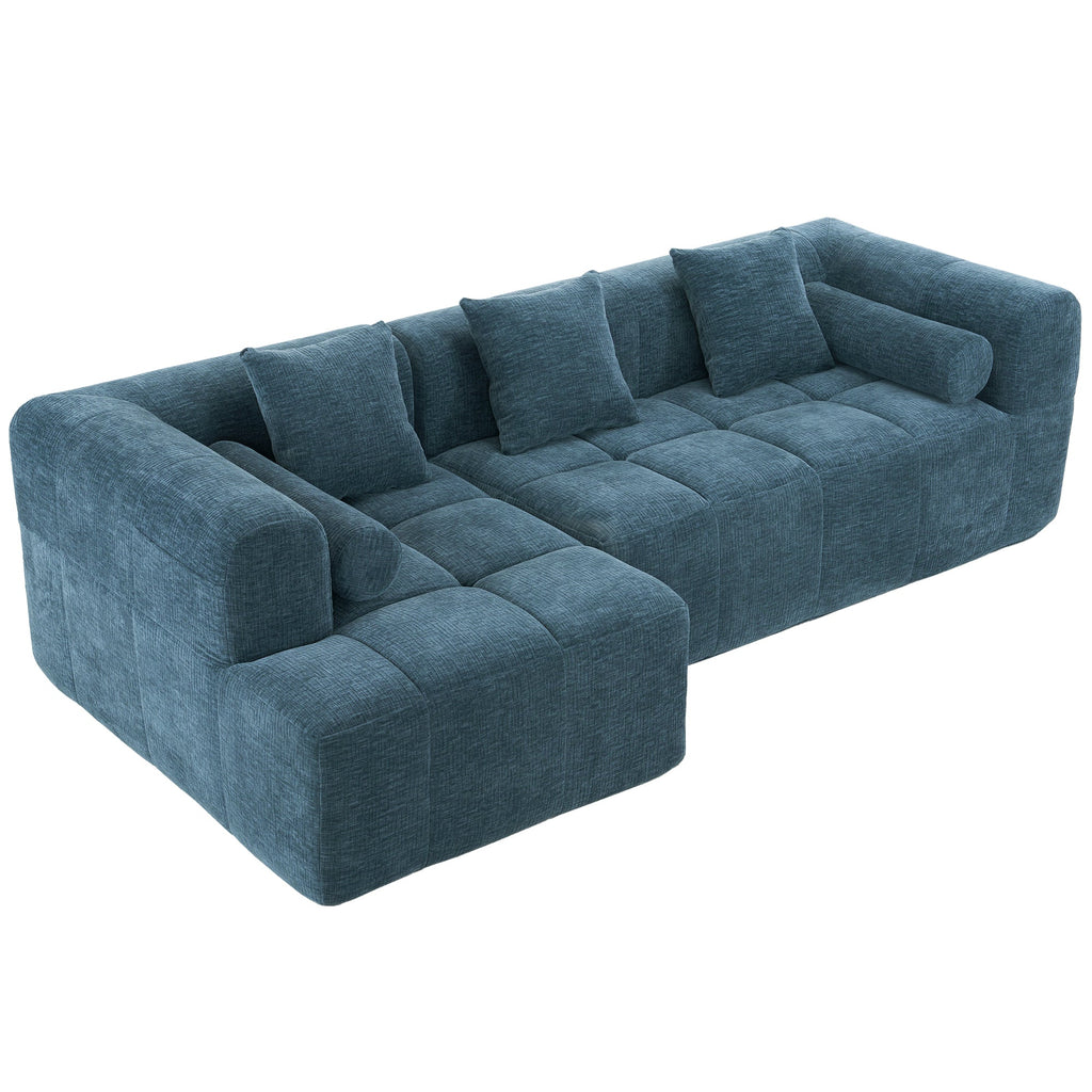 Modern Modular Sofa with Deep Seating, Two Side Pockets, and Plush Pillows in Blue Chenille Fabric, 101.2'