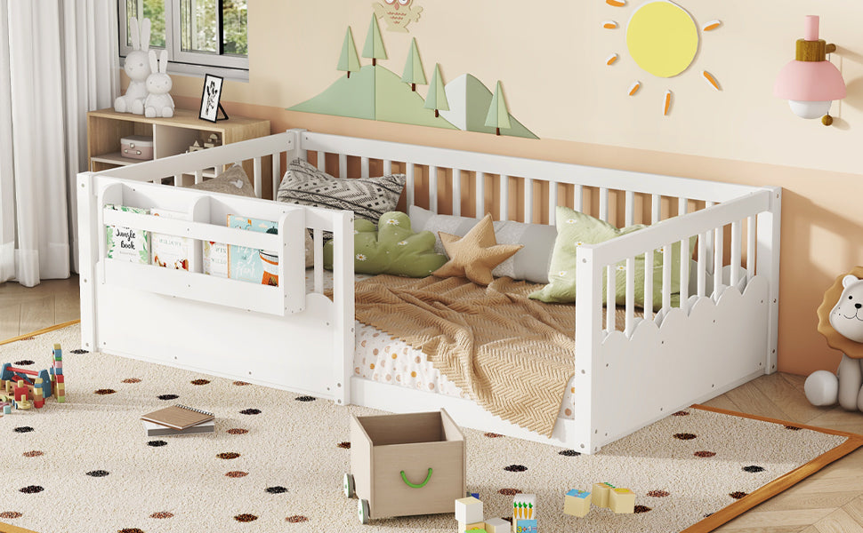 Twin Floor bed with Heightened Fence and bookshelf ,Wood Floor Bed for Kids, White.
