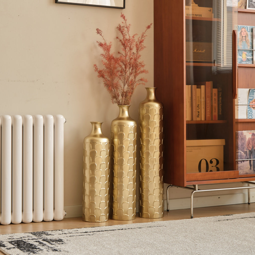 Floor Metal Vases Decorated White Metal Vases Set of 3 Gorgeous Home Decoration Large Glazed Metal Vases 25.2in/29.33in/34.25in Height
