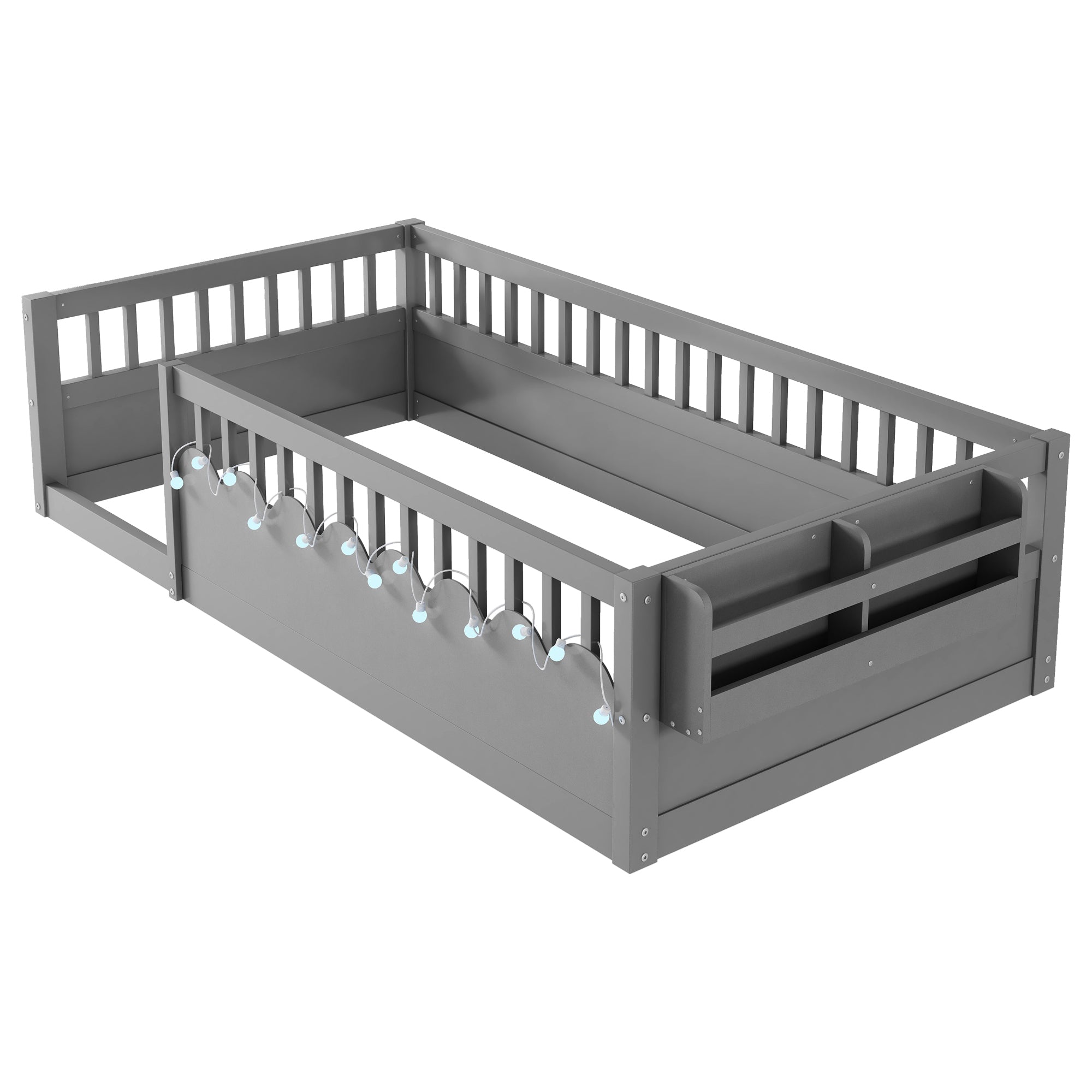 Twin Montessori Floor Bed Frame with High Rails, Wood Kids Floor Beds with Light and Storage Shelf, Gray (Expect Arrival Date 2025/8/15)