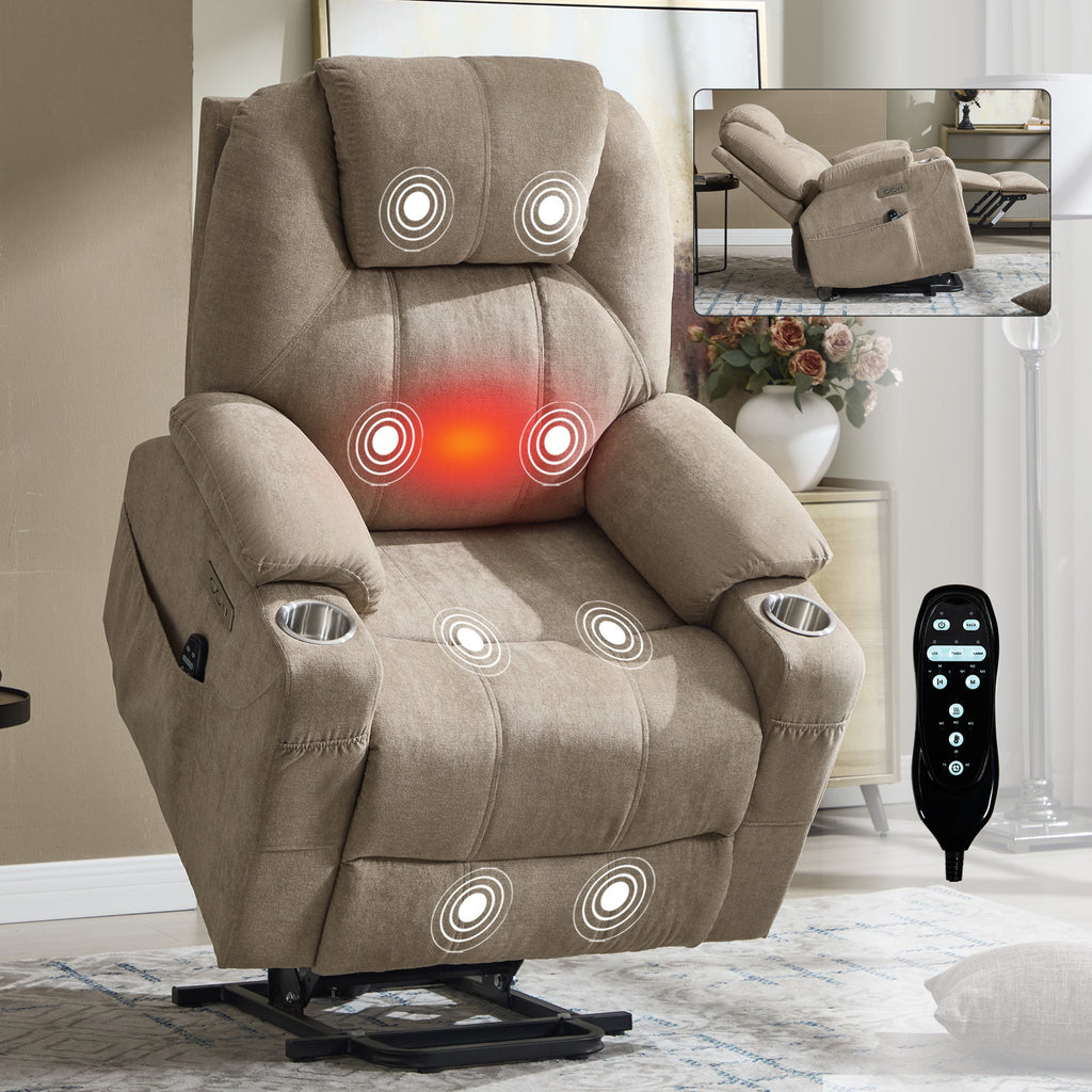 Up to 350 LBS polyester Power Lift Recliner Chair, Heavy Duty Motion Mechanism with 8-Point Vibration Massage and Lumbar Heating, USB and Type-C Ports, Stainless Steel Cup Holders, Khaki