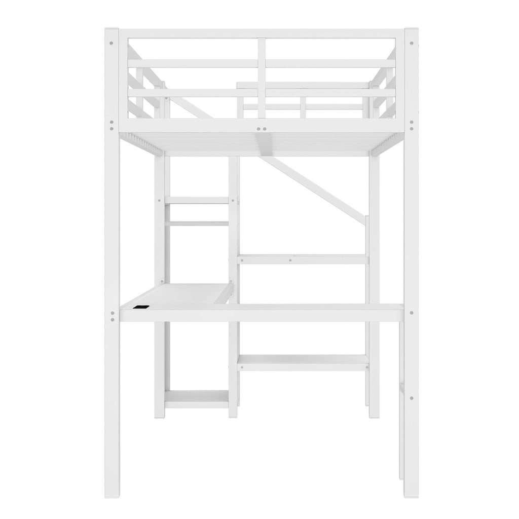Twin XL Size Loft Bed with L-shaped Desk and USB, Metal Loft Bed with Wardrobe and Adjustable Shelf, High Loft Bed with LED for Kids Teens Adults, White