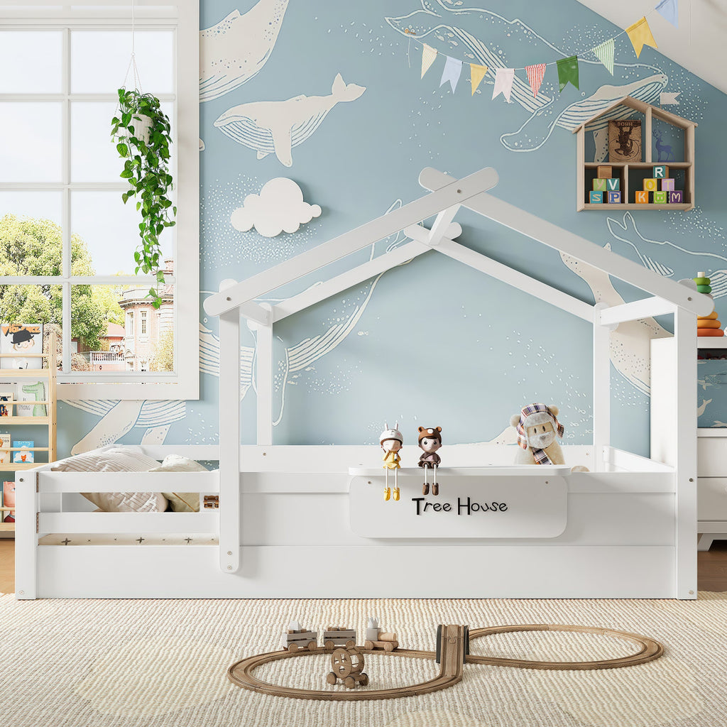 Queen Size Floor Bed with Guardrails and Roof, Kids House Floor Bed with a Small Built-in Tray and Free-installed Signboard, Childlike Design, White