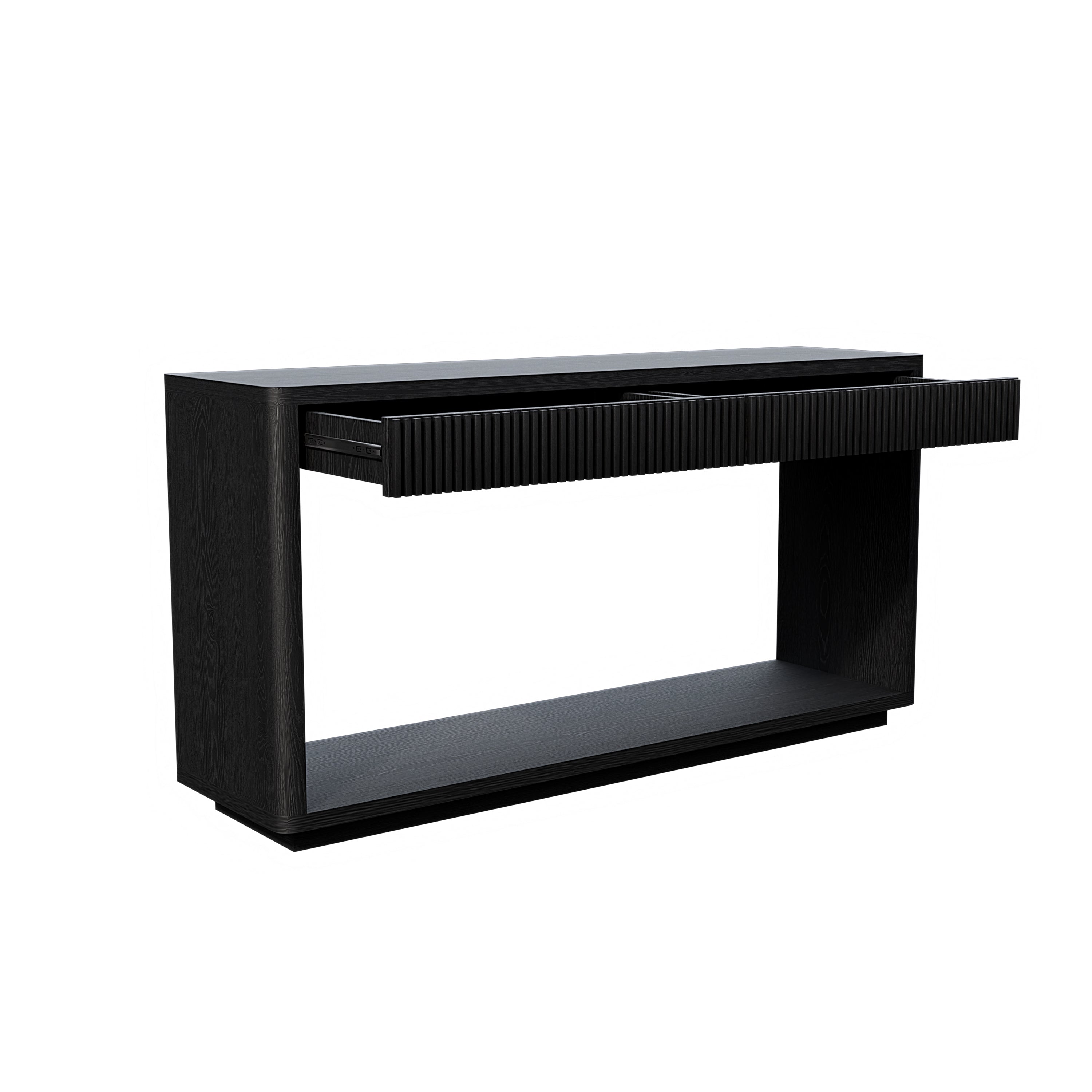 60' Modern 2-Drawer Fluted Console Table Natural Wood Veneer Sofa Table Behind Couch Table for Living Room, Hallway, Entryway, Home Office, Black