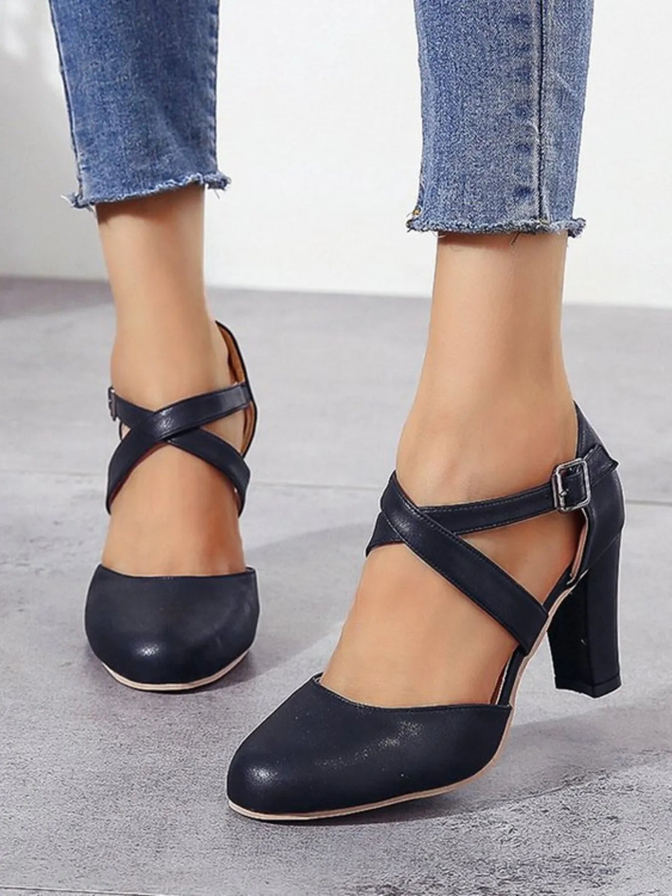 Cross-Strap Block Heel Pumps