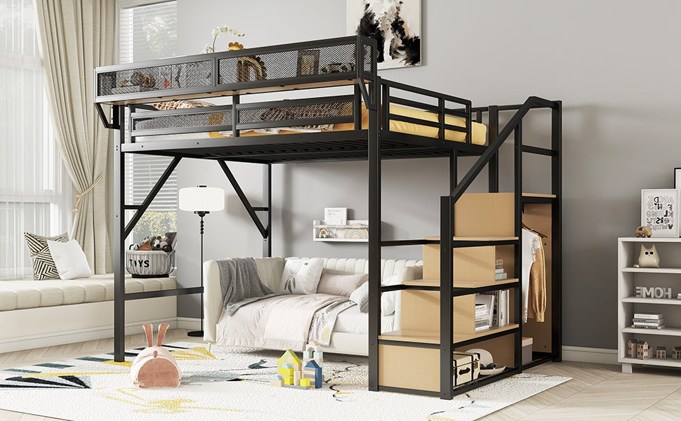 Queen Size Loft Bed with Stairs, Metal Queen Loft Bed with Storage Shelves, High Loft Bed with Wardrobe for Kids Teens Adults, Black(Old SKU W2580S00026 ) Patent Products