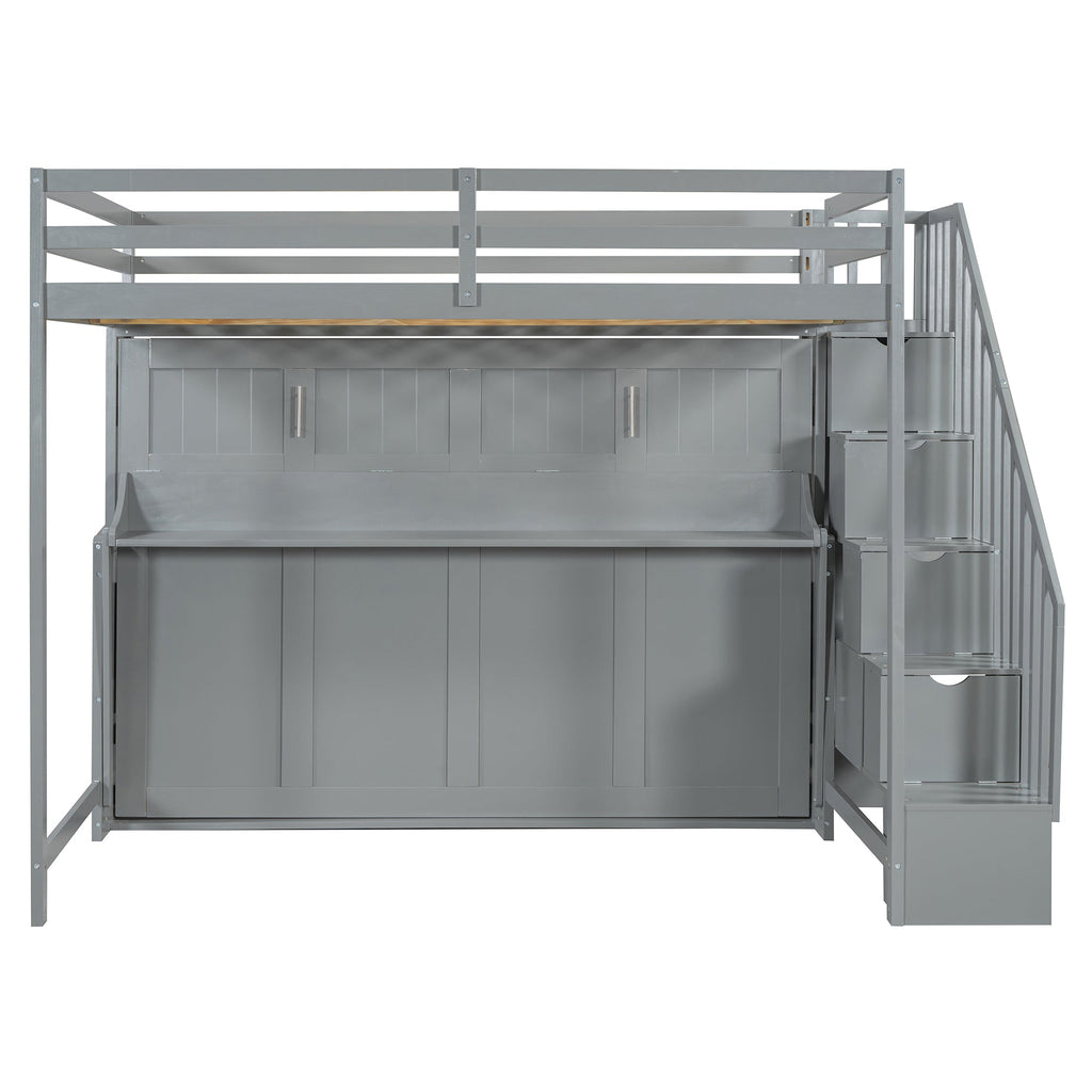 Full Over Full Size Murphy Bed with Hydraulic Lift & Desk Design, Gray