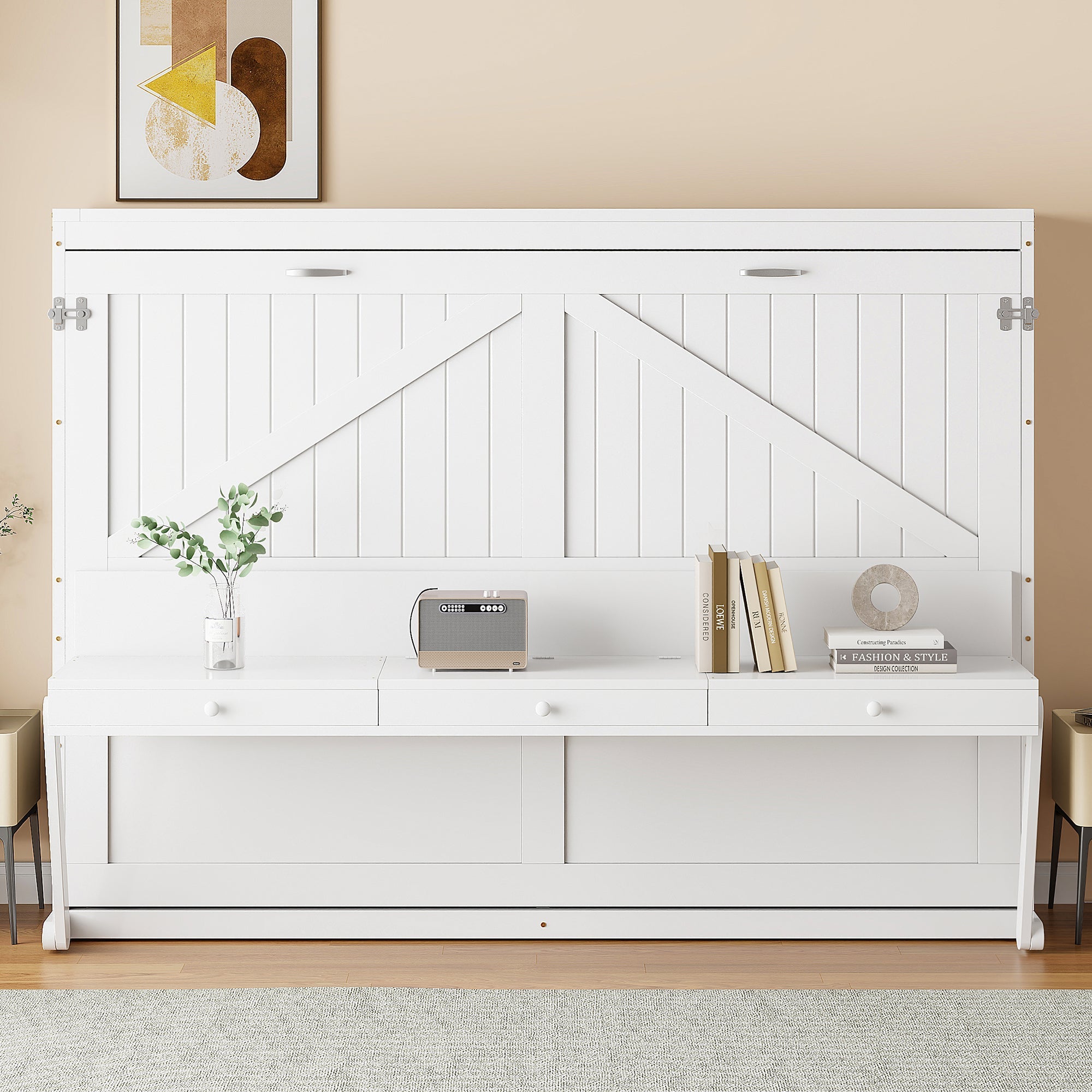 Queen Size Wall Murphy Bed with Storage, Foldable Cabinet Bed with Vanity Desk, Center Mirror & 2 Side Drawers, White