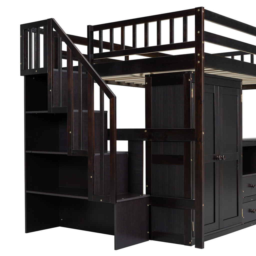 Full Size Loft Bed with Stairs, Bookshelf, Drawers, Desk & Wardrobe – Space-Saving Multifunctional Furniture for Kids & Teens-Espresso