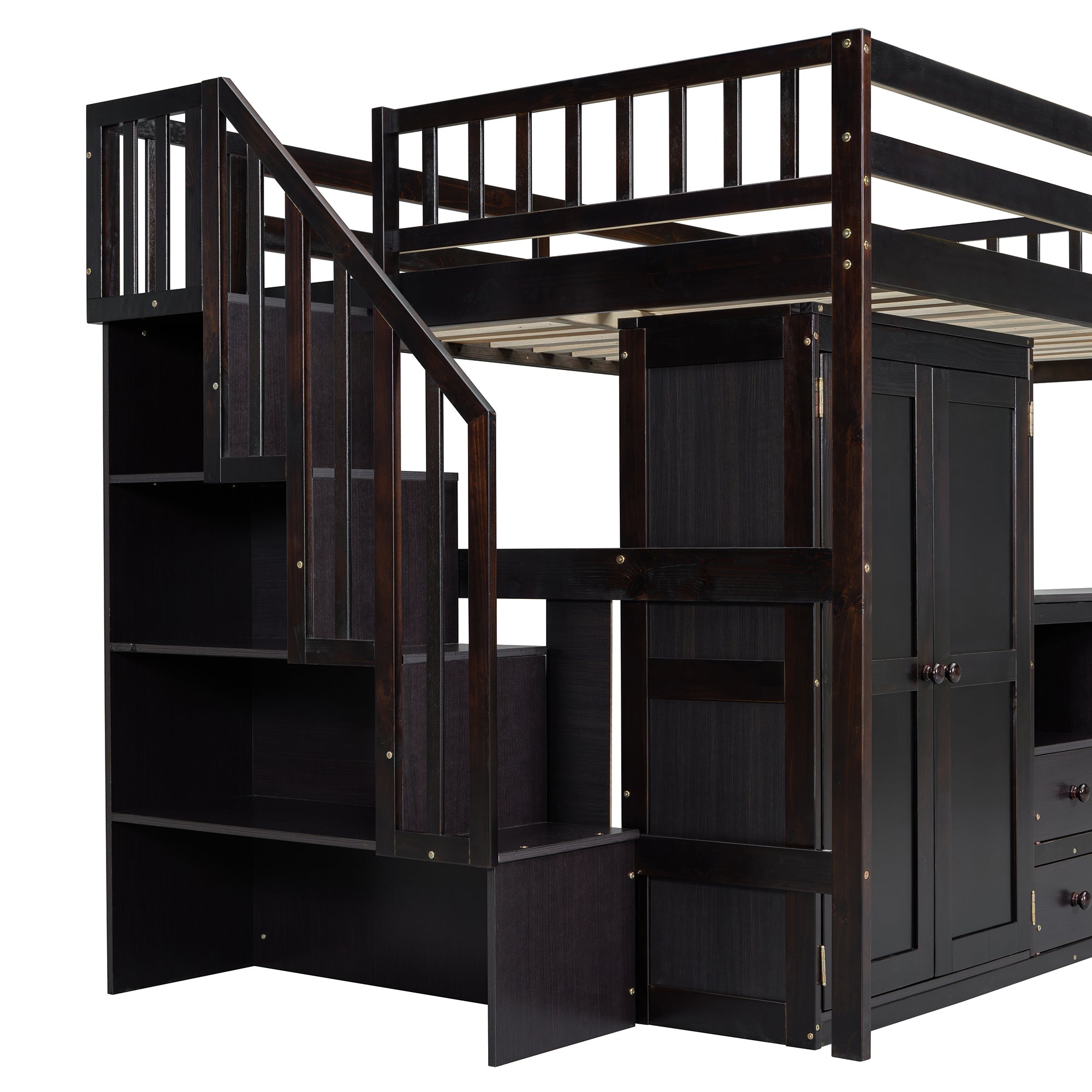 Full Size Loft Bed with Stairs, Bookshelf, Drawers, Desk & Wardrobe – Space-Saving Multifunctional Furniture for Kids & Teens-Espresso