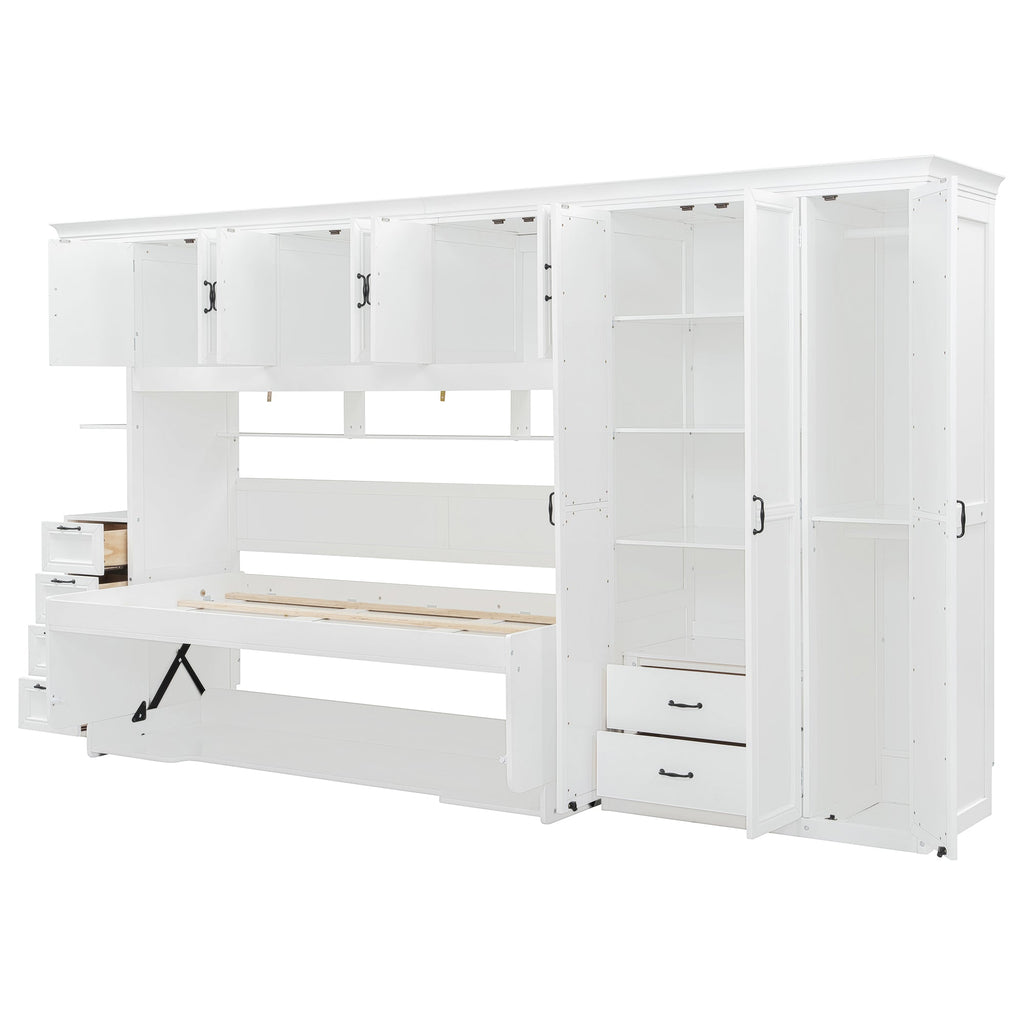 Twin Size Murphy Bed Wall Bed with Wardrobe, Cabinet and Desk, White