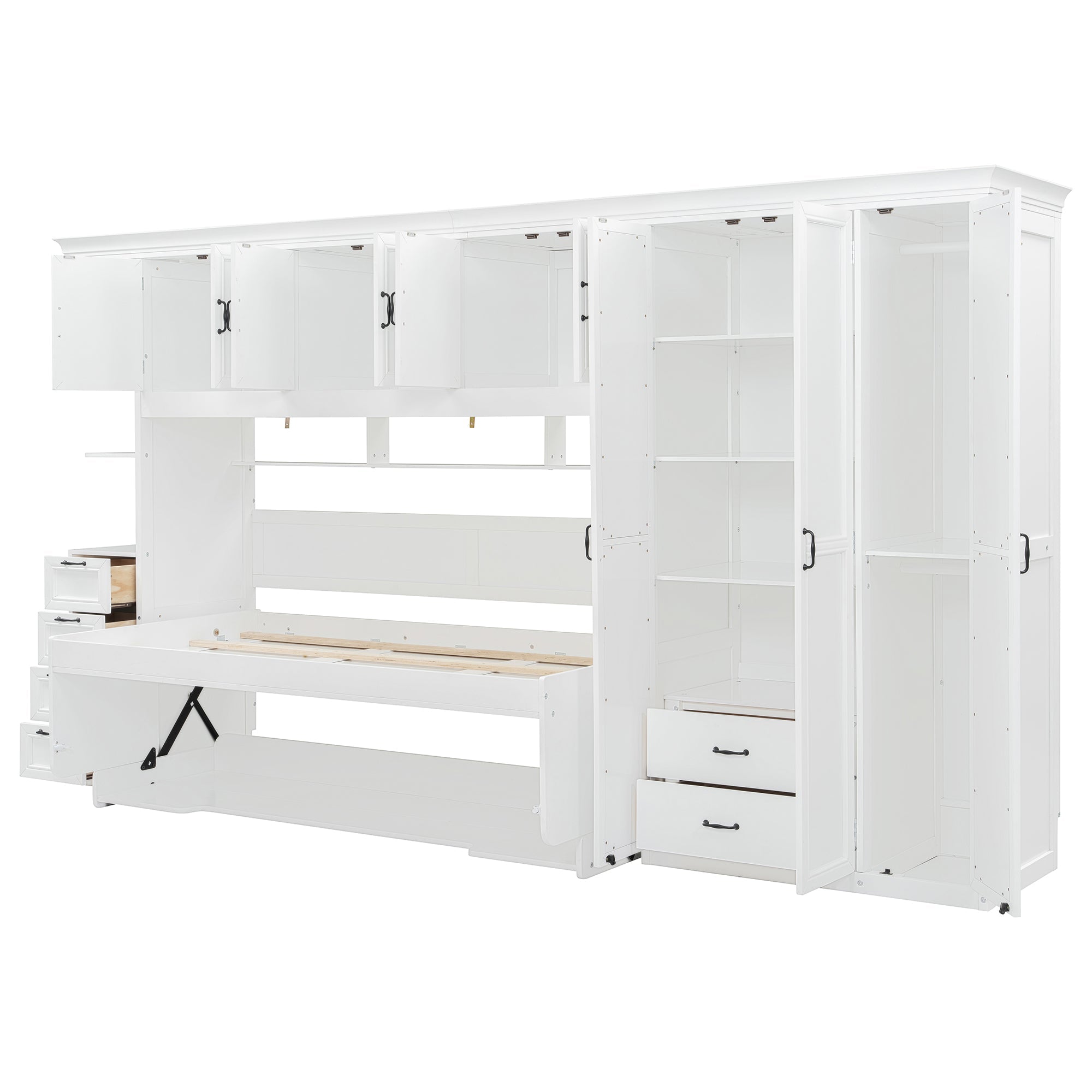 Twin Size Murphy Bed Wall Bed with Wardrobe, Cabinet and Desk, White