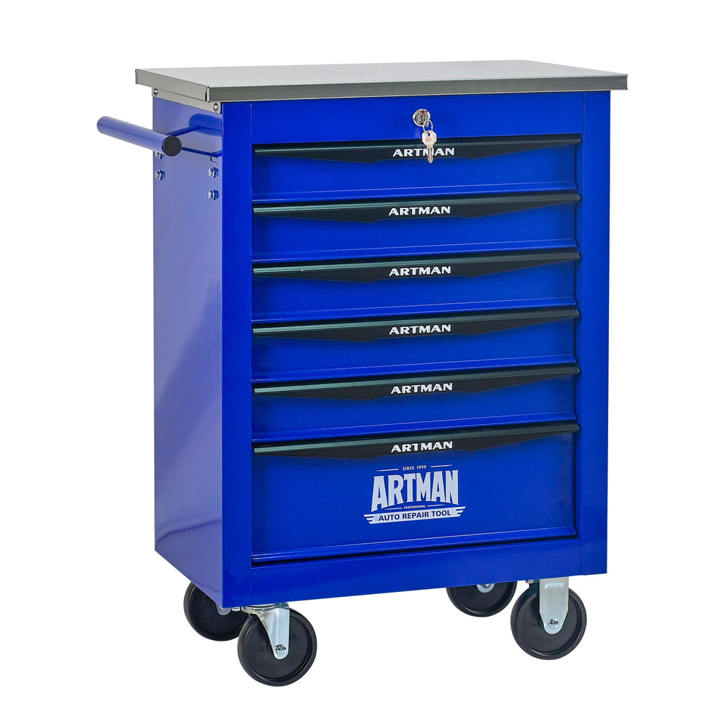 6 Drawers Multifunctional Tool Cart with Wheels,Metal Rolling Tool Cart Storage for Garage Workshop Warehouse Repair Shop--With Stainless Steel Roof- BLACK&BLUE