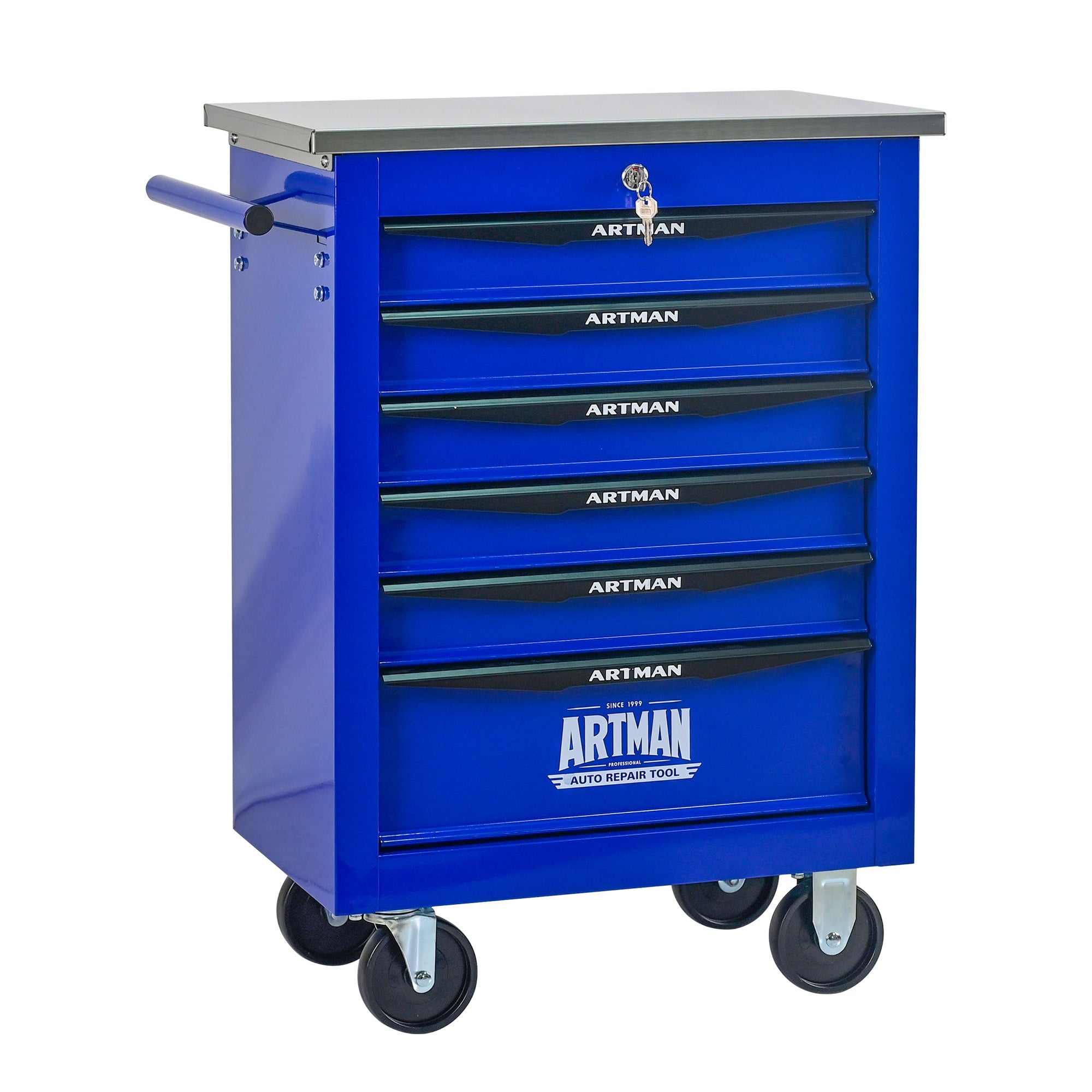 6 Drawers Multifunctional Tool Cart with Wheels,Metal Rolling Tool Cart Storage for Garage Workshop Warehouse Repair Shop--With Stainless Steel Roof- BLACK&BLUE