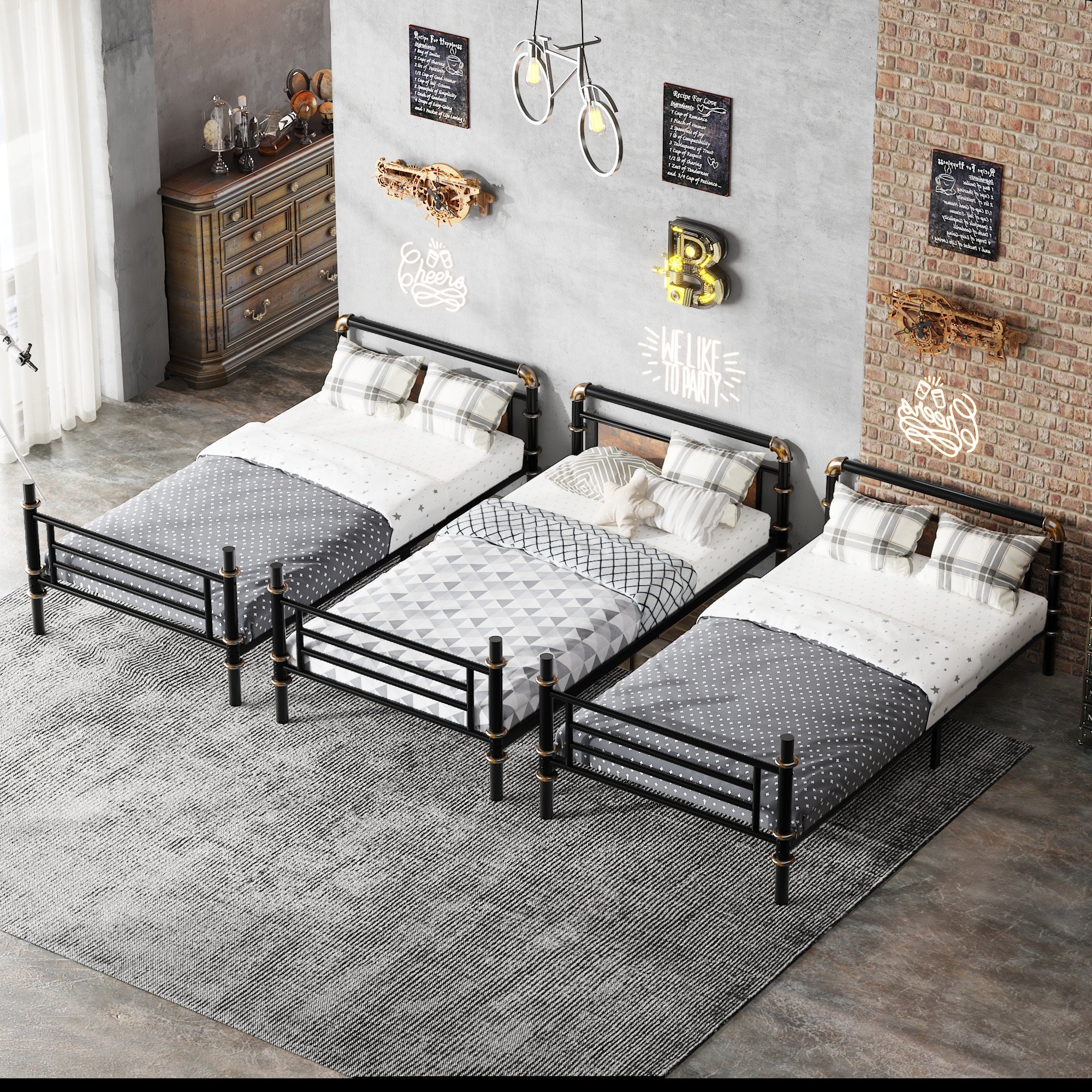 Quad Bunk Bed for 4 Kids, Heavy Duty Metal Twin Bunk Bed Frame, Detachable Triple Bunk Bed, Can Be Divided Into 3 Twin Beds, Black (Old SKU W2580S00015)
