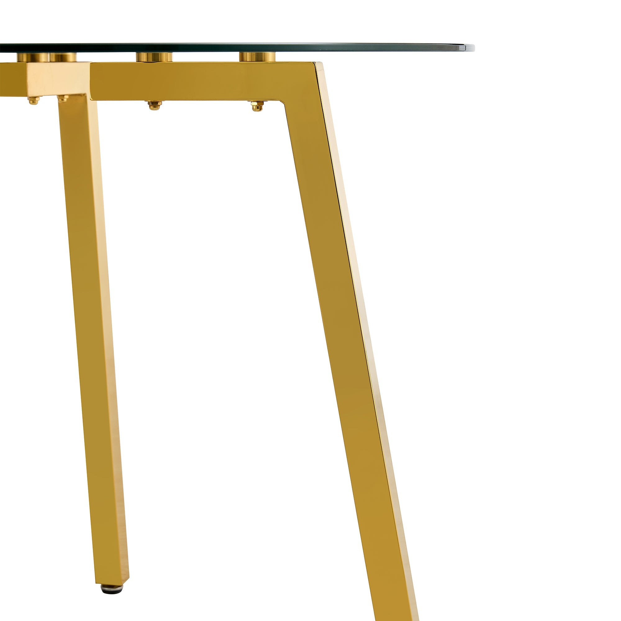 Modern minimalist style circular transparent tempered glass table, tempered glass tabletop, golden metal legs, suitable for kitchen, dining room, and living room, 42 '* 42' * 29.5 '1123r